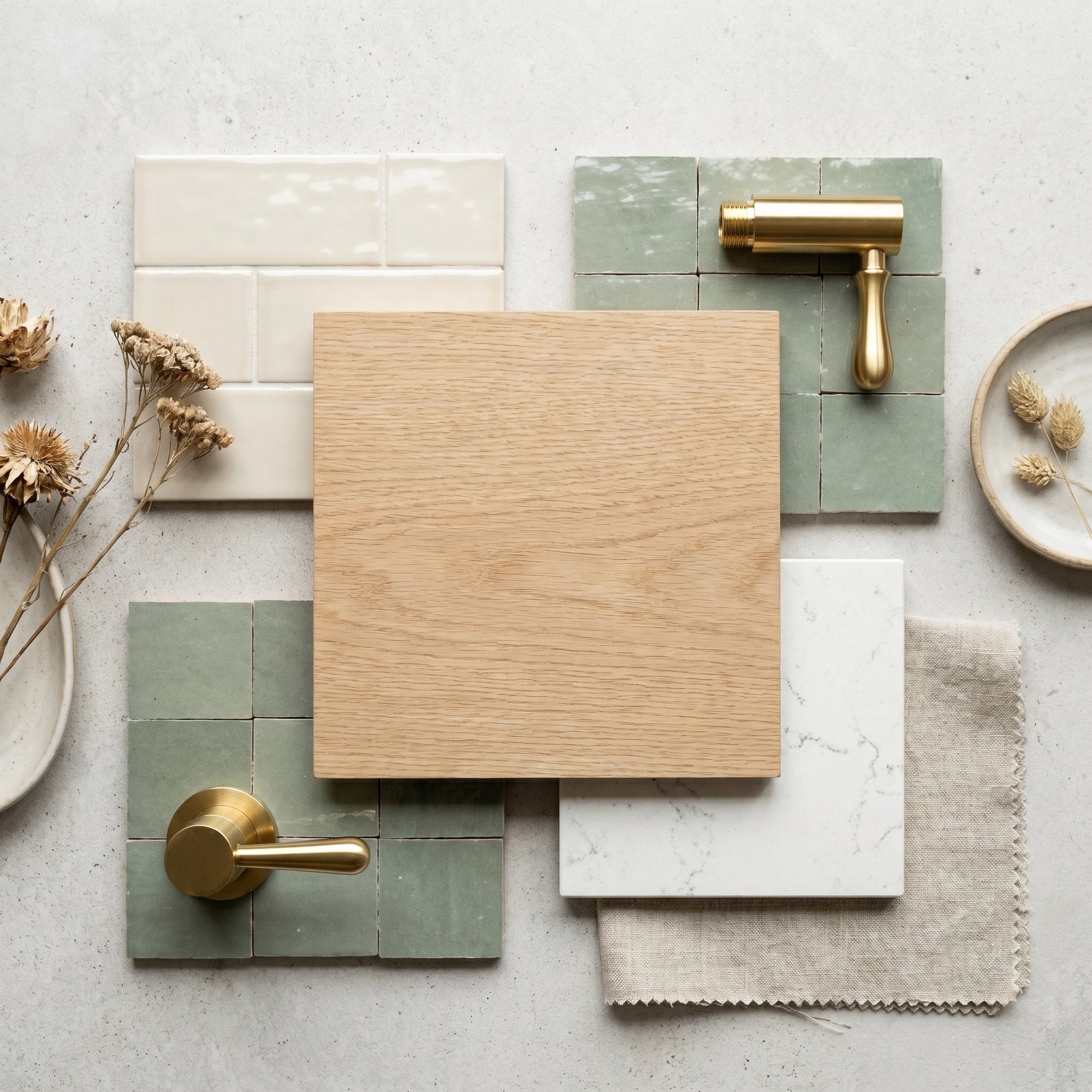 Modern bathroom design mood board featuring light oak vanity wood, varied ceramic tile samples, a brushed brass faucet, and white quartz countertop.