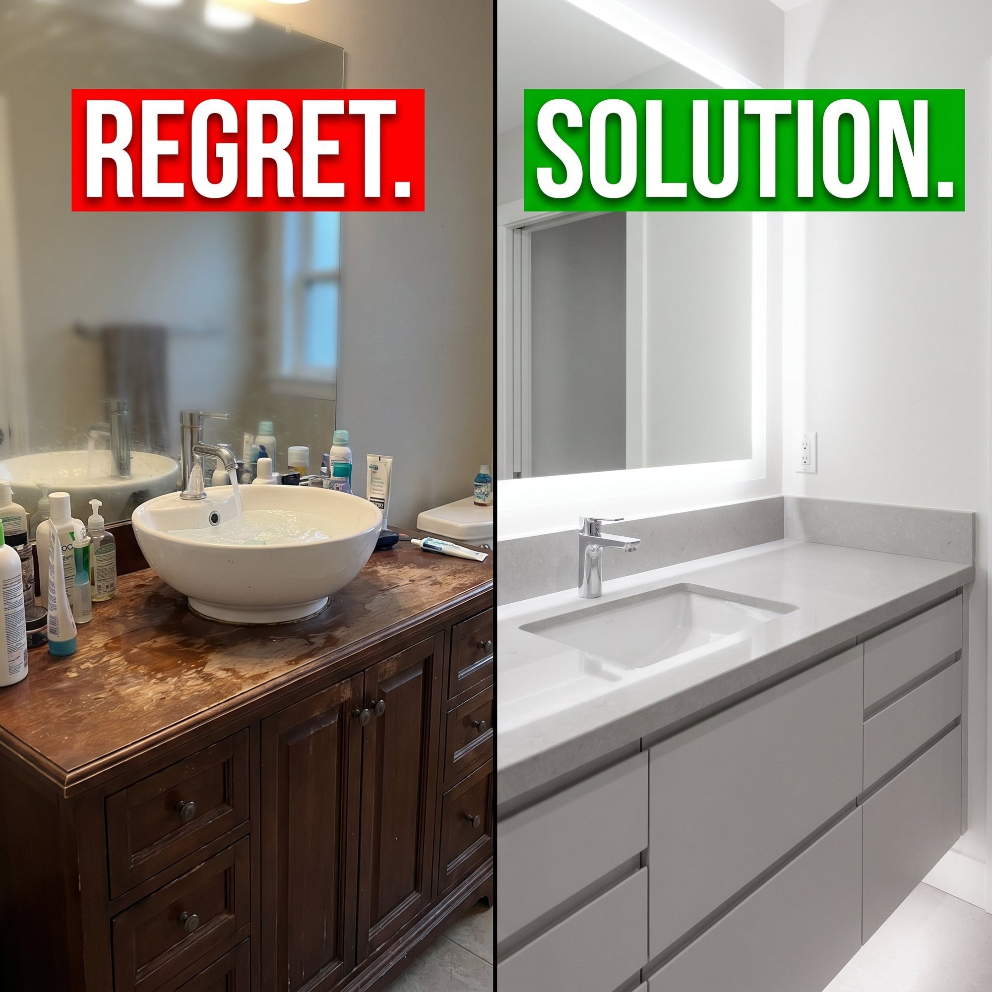 Split screen showing a cluttered, water-damaged bathroom vanity next to a clean, durable vanity with the text 5 Bathroom Vanity Regrets from a Contractor.