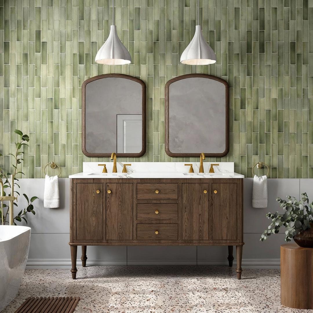 Double-sink wood vanity with gradient green wall tiles for a fresh 2026 spring bathroom design.