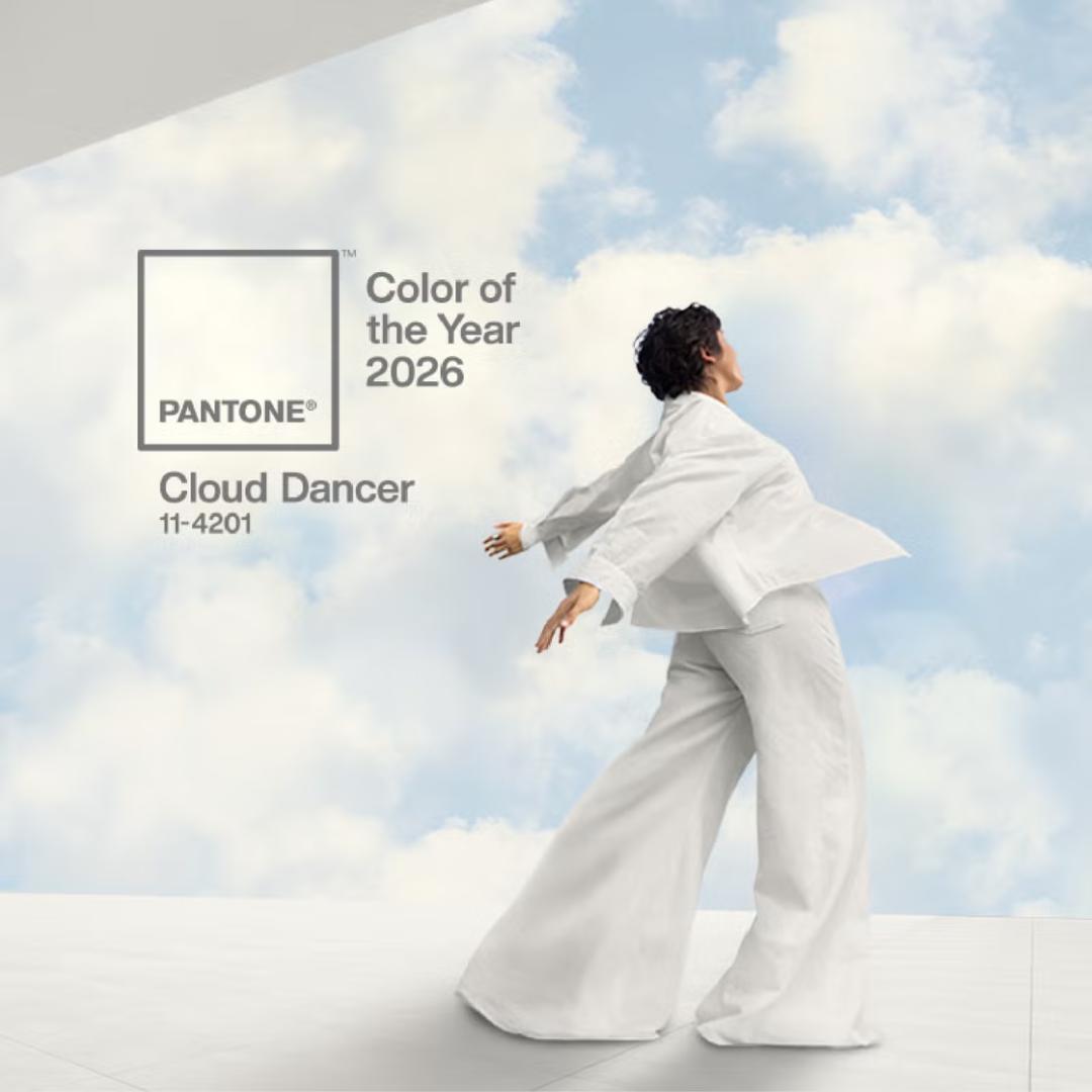 Pantone Cloud Dancer 2026 color reveal with ethereal white tones for bathroom design inspiration.