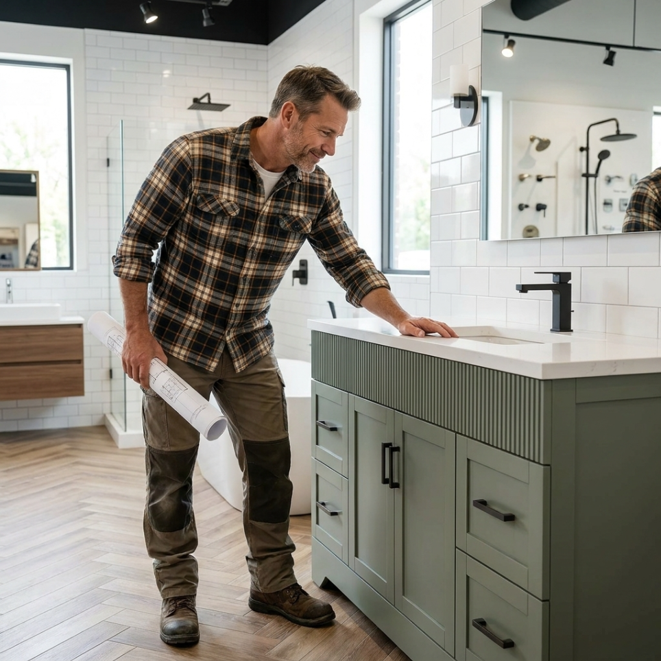 Contractor inspecting a high-quality sage green fluted bathroom vanity in a showroom