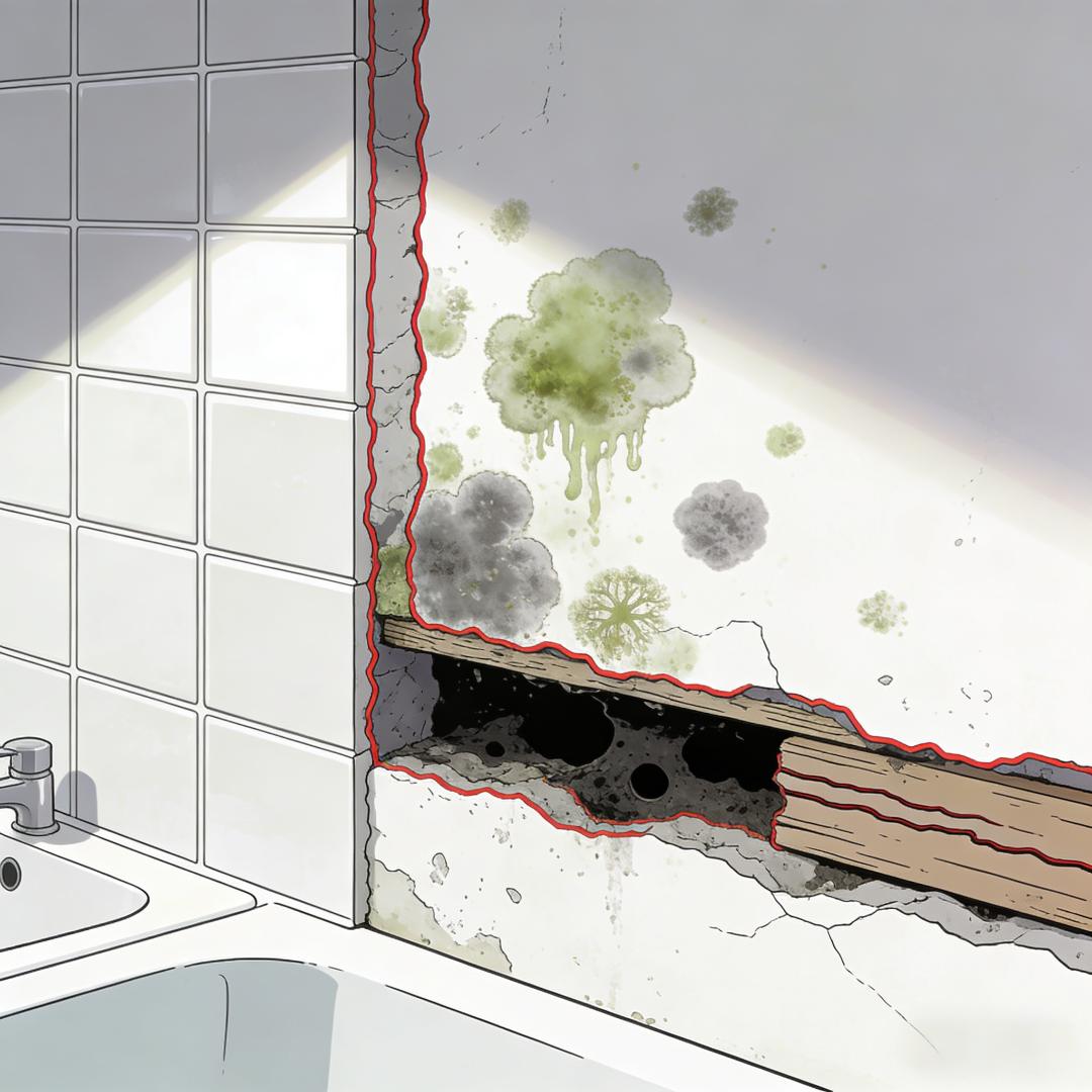 Exposed bathroom wall showing mold and water damage, highlighting risks of poor sealing and ventilation.
