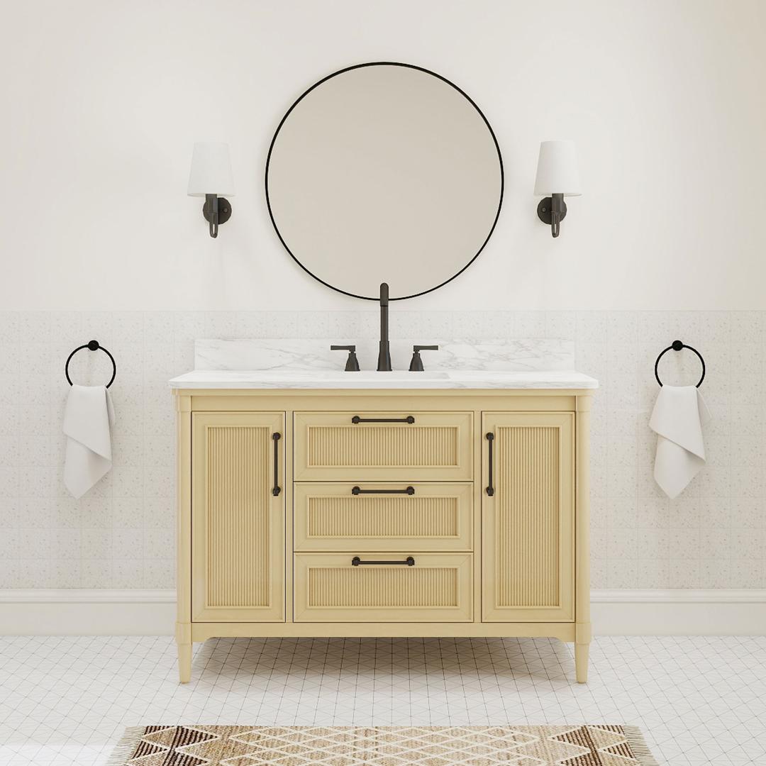 Modern 48 inch double sink bathroom vanity with black fixtures and round mirror, ideal for contractor projects