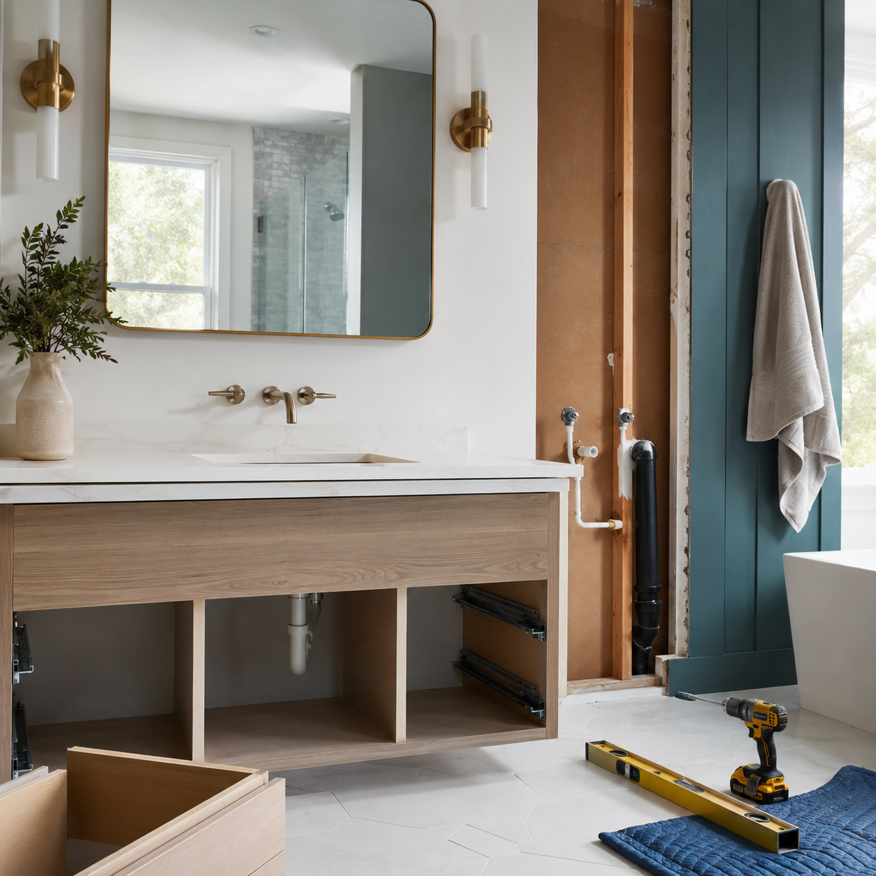 At the semi-renovated modern bathroom, the vanity installation site reveals wall and pipeline details, showcasing the practical installation challenges behind DIY projects.