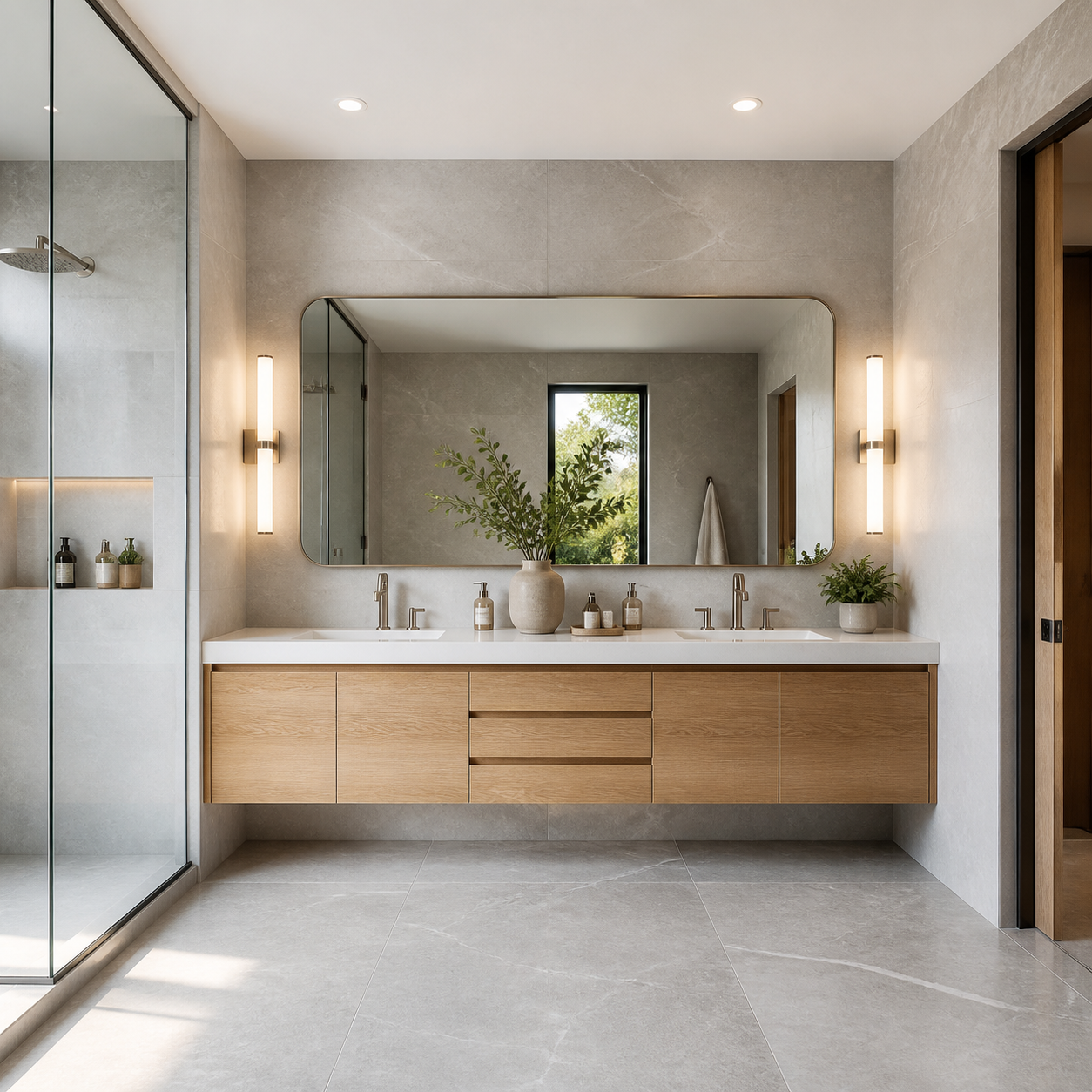 Modern master bathroom with 48x48 large-format tiles, a light oak floating vanity, wide mirror, and warm wall sconces.