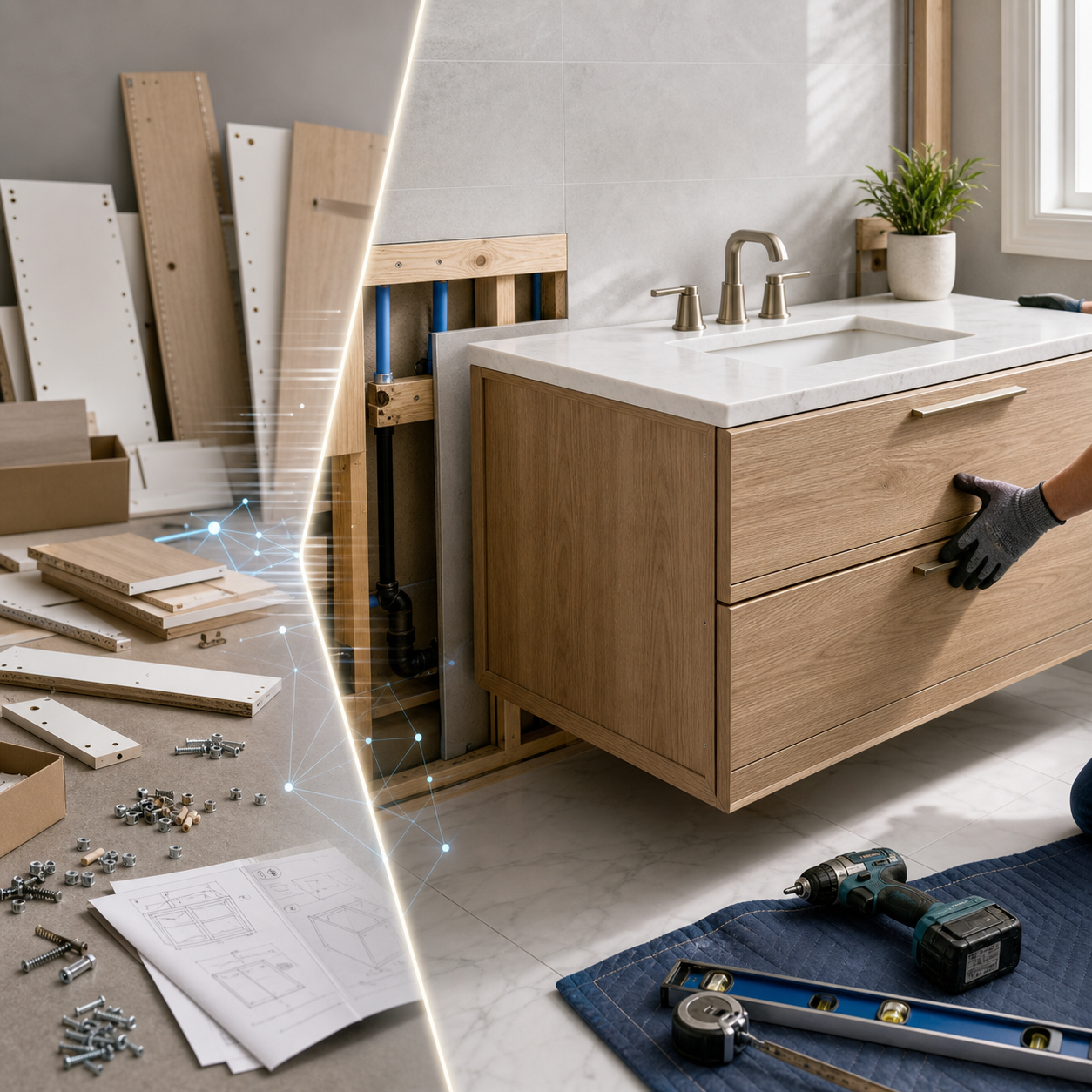 Pre-assembled bathroom vanity being installed beside flat-pack cabinet parts and loose hardware