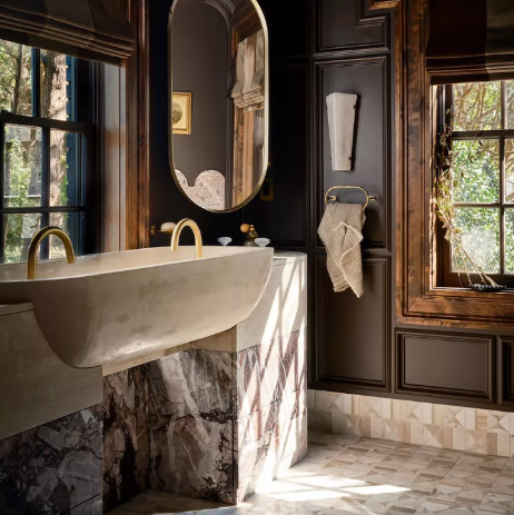 warm wood bathroom vanity