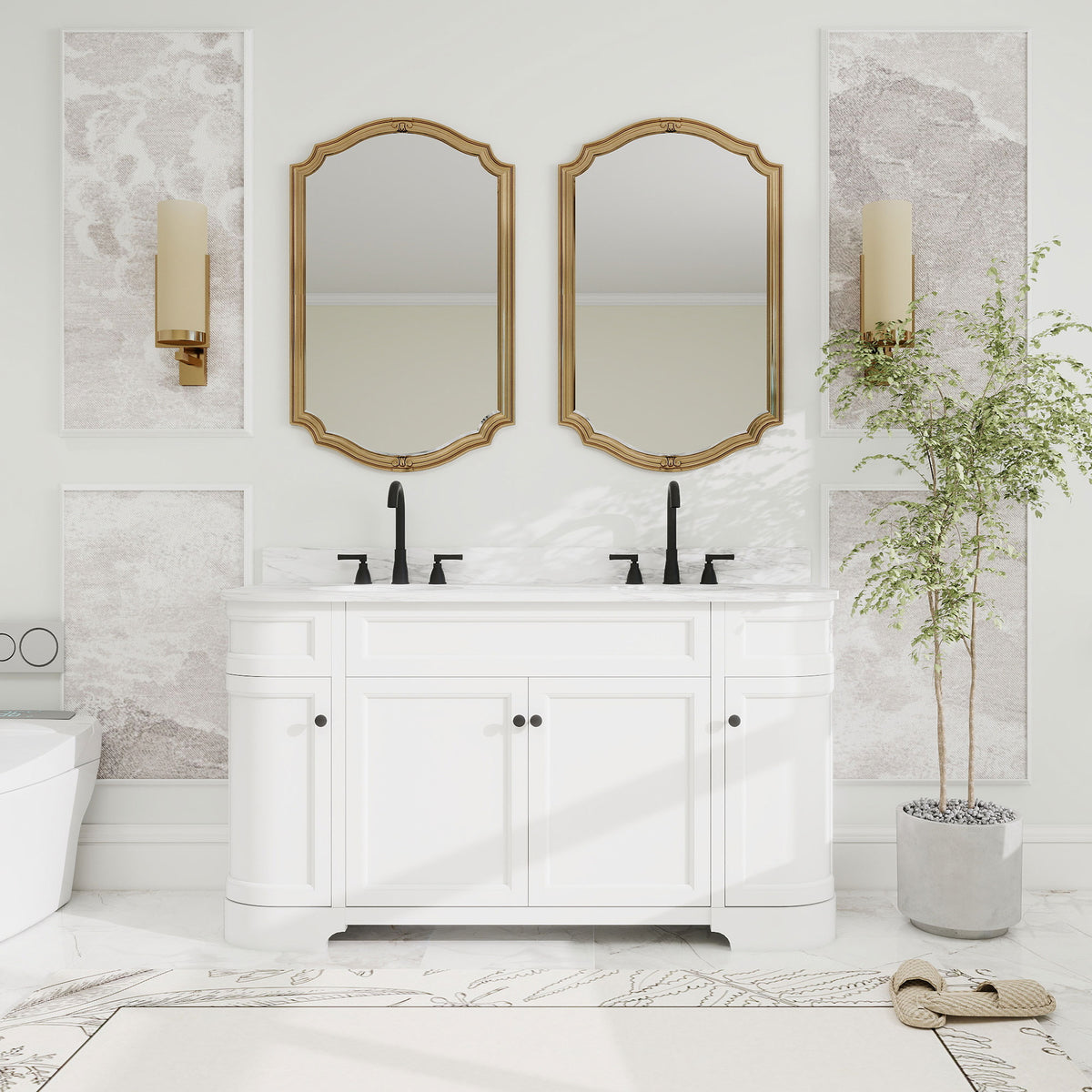 Opuluxe 60" Freestanding Double Vanity Cabinets with Curved Design