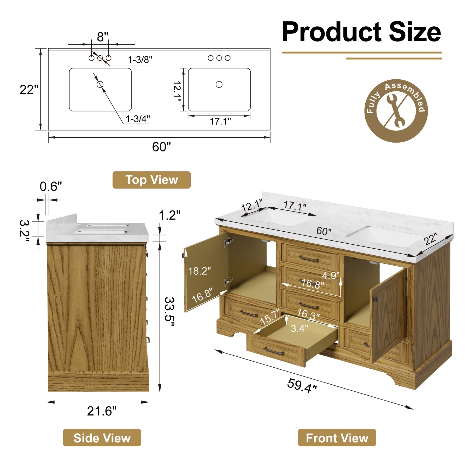 Luxurious 60'' Fully Assembled Bathroom Vanity with Dual Undermount Sink Combo