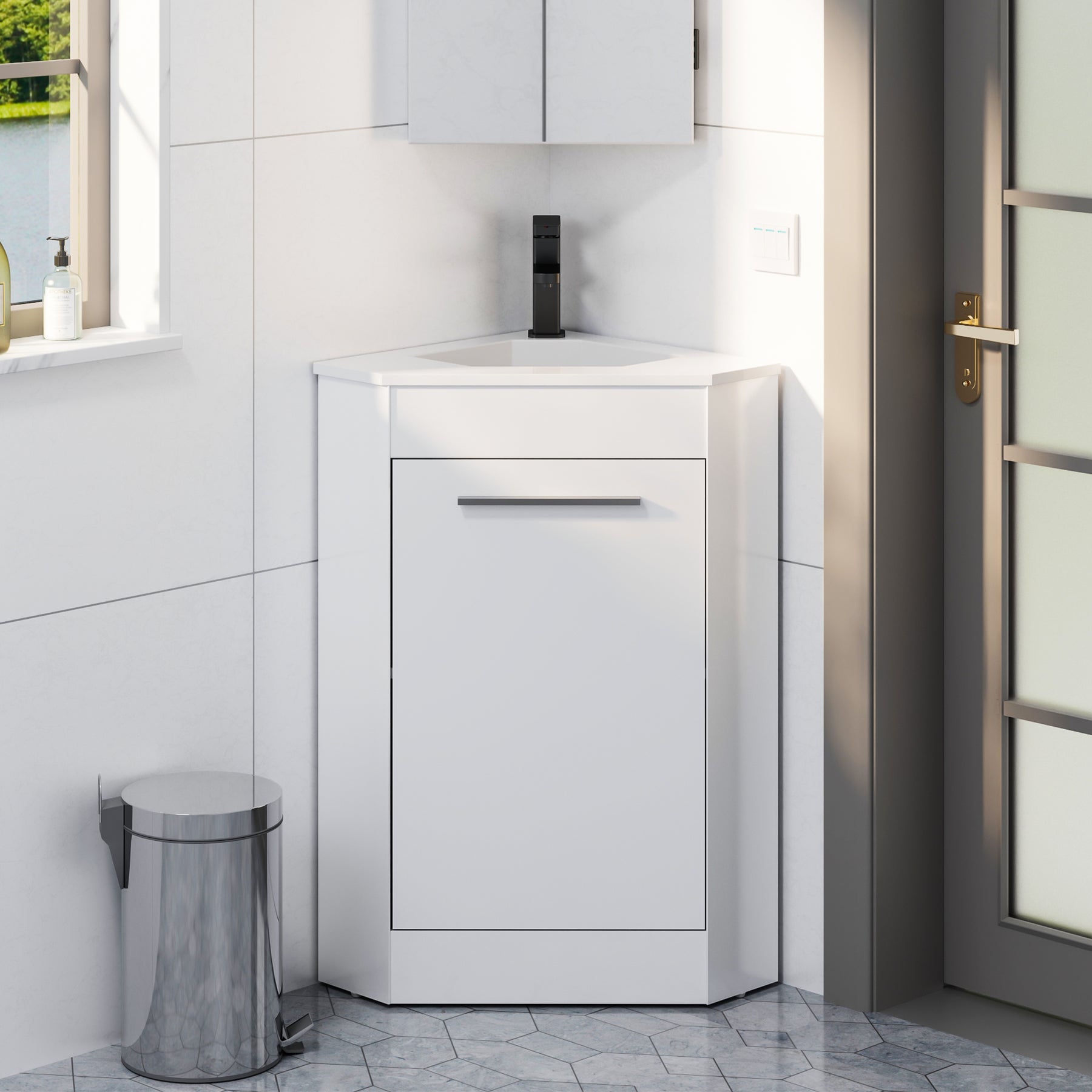 Corner 26" Freestanding Single Vanity Cabinets with Small Space Decor