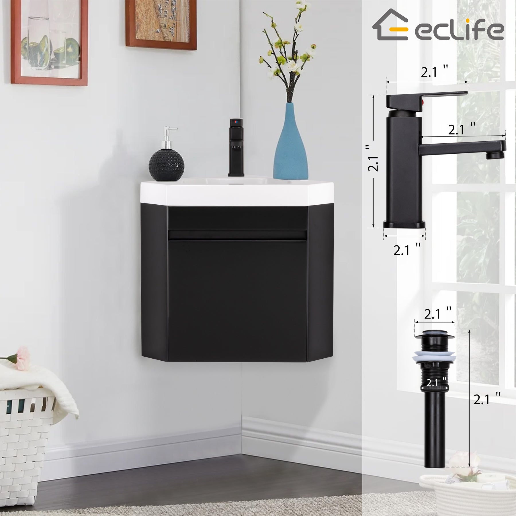 Corner 22" Wall Mounted Single Vanity Cabinet with Small Space Decor