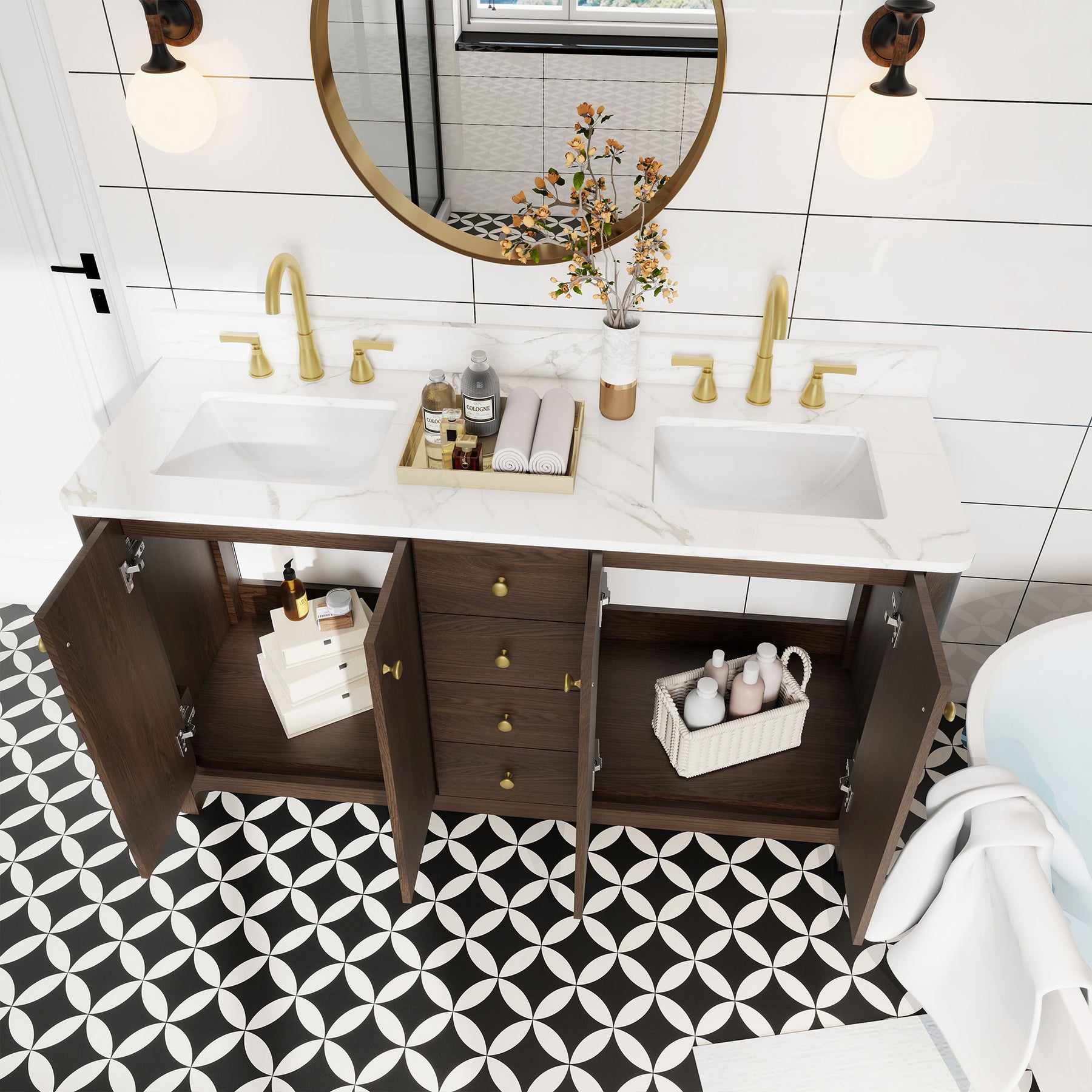 Canyon 60" Freestanding Double Vanity Cabinets with Curved Design