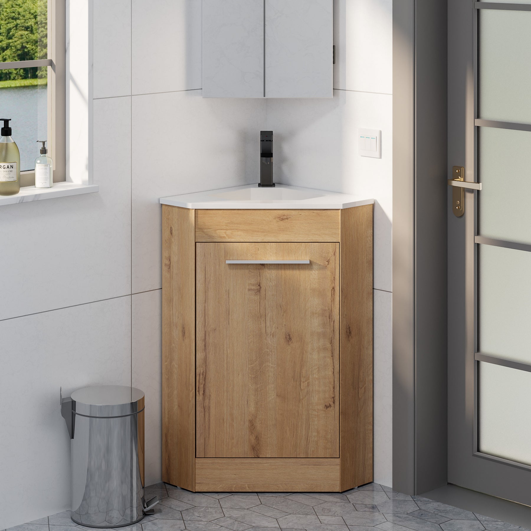 Corner 26" Freestanding Single Vanity Cabinets with Small Space Decor
