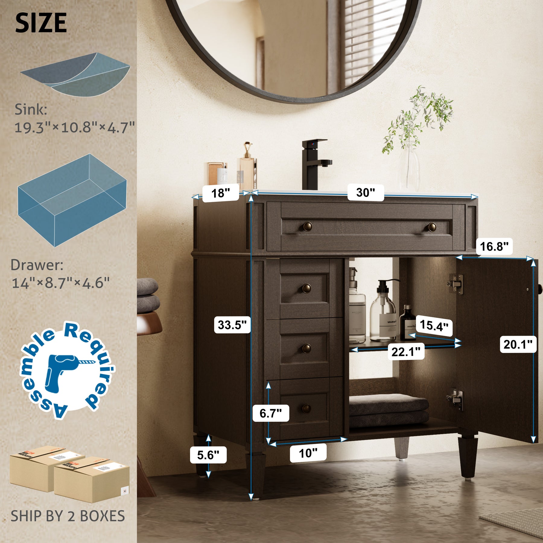 Retro 30" Freestanding Single Vanity Cabinets with Square Column