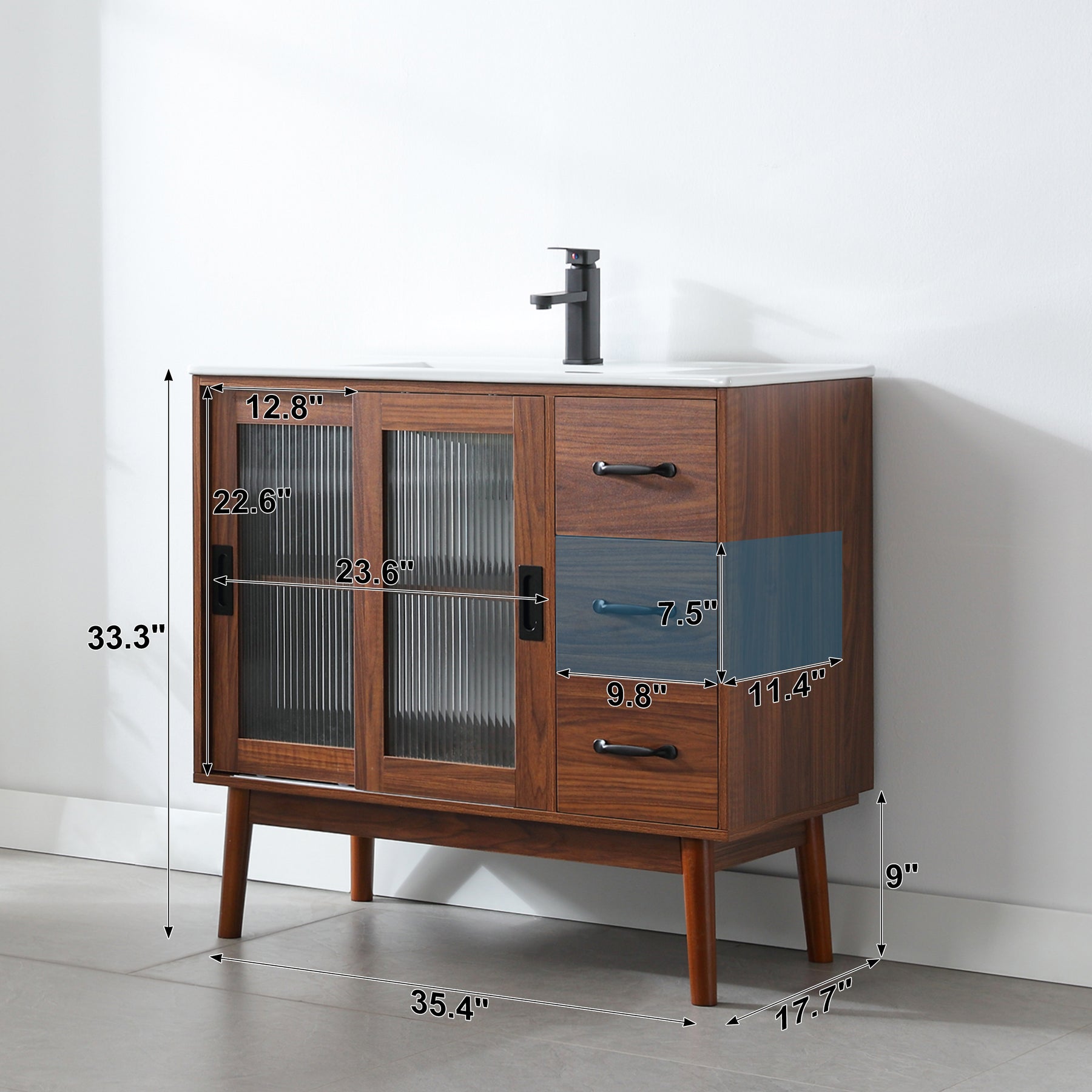 eclife 36" Bathroom Vanity with Undercounter Sink and Metal Faucet, Sliding Glass Door