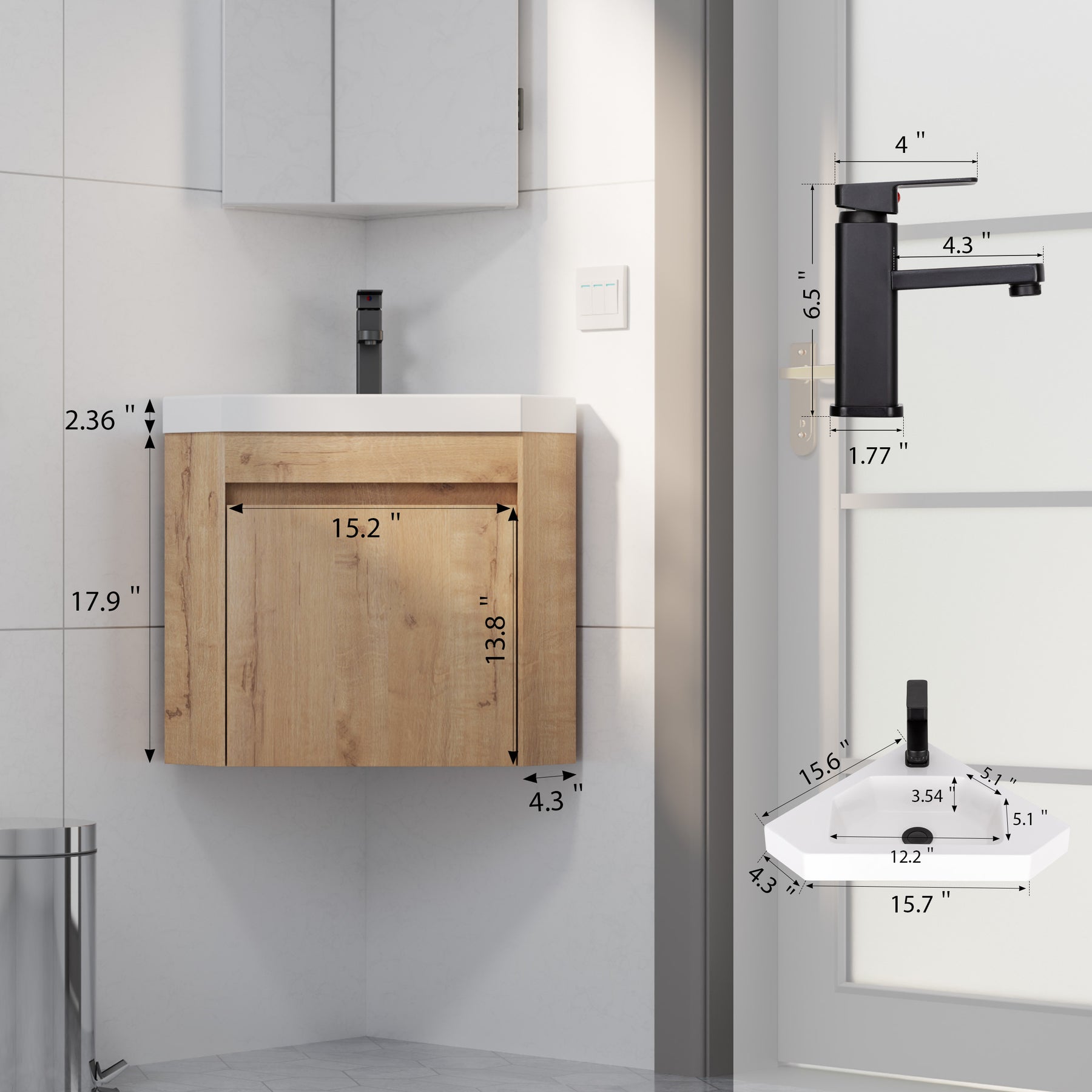 Corner 22" Wall Mounted Single Vanity Cabinet with Small Space Decor