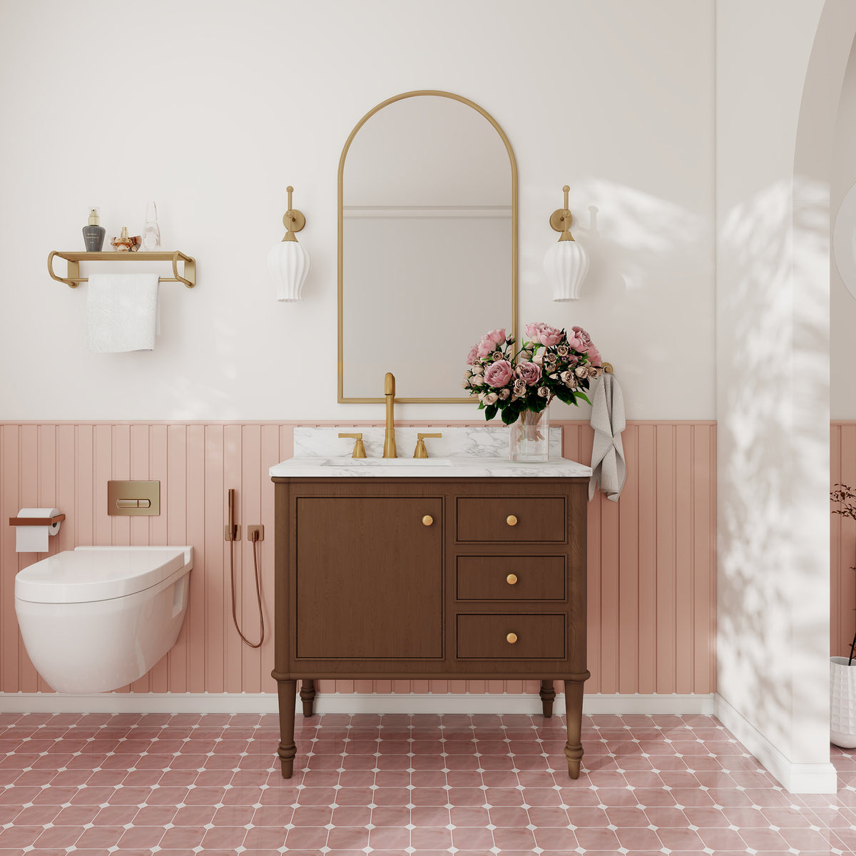 Verve 36" Freestanding Single Vanity – Bath Cabinet with Solid Wood, Artificial Stone Top (1 Door, 3 Drawers, Assembled)