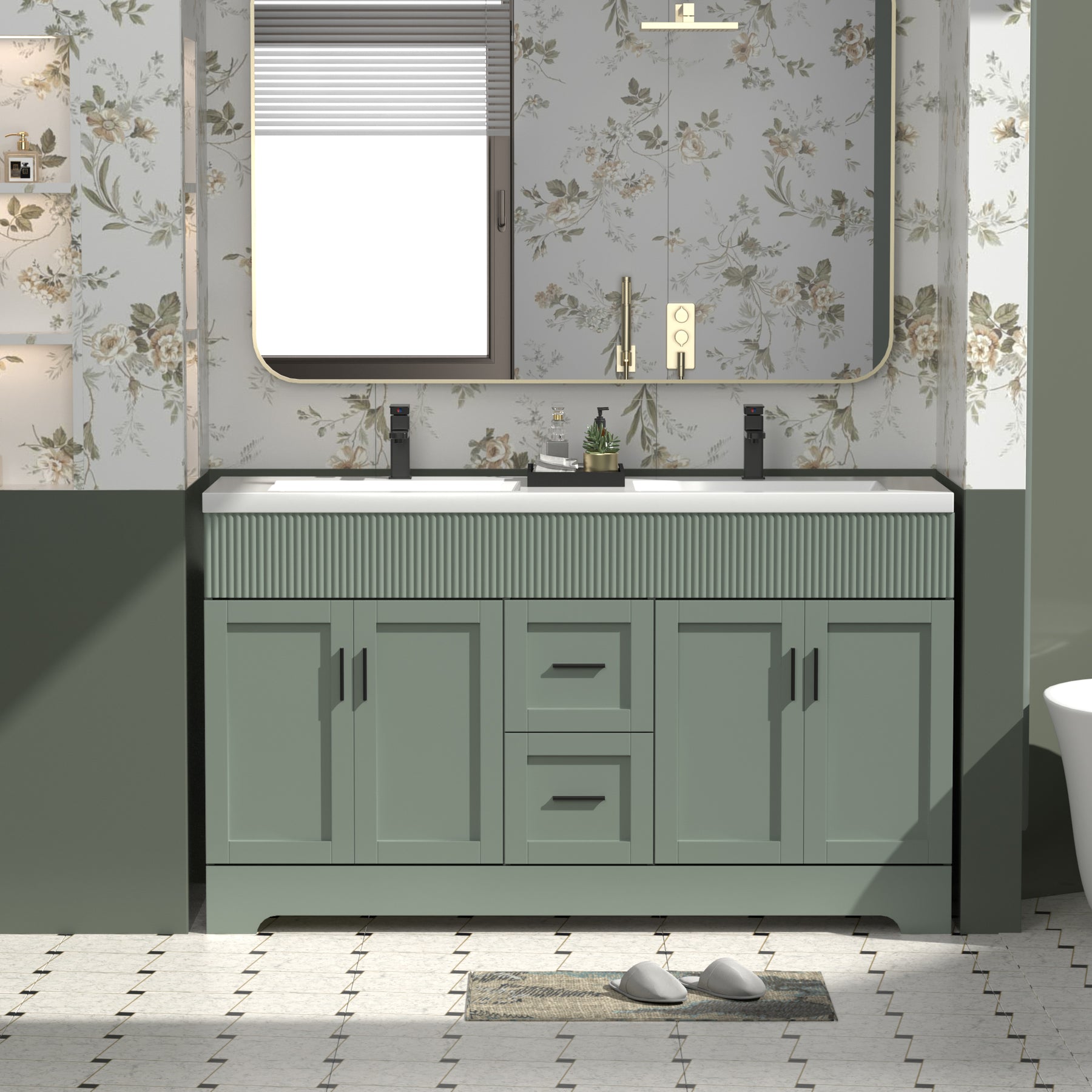 Waterfall 60" Freestanding Double Vanity Cabinets with Decoration Lines