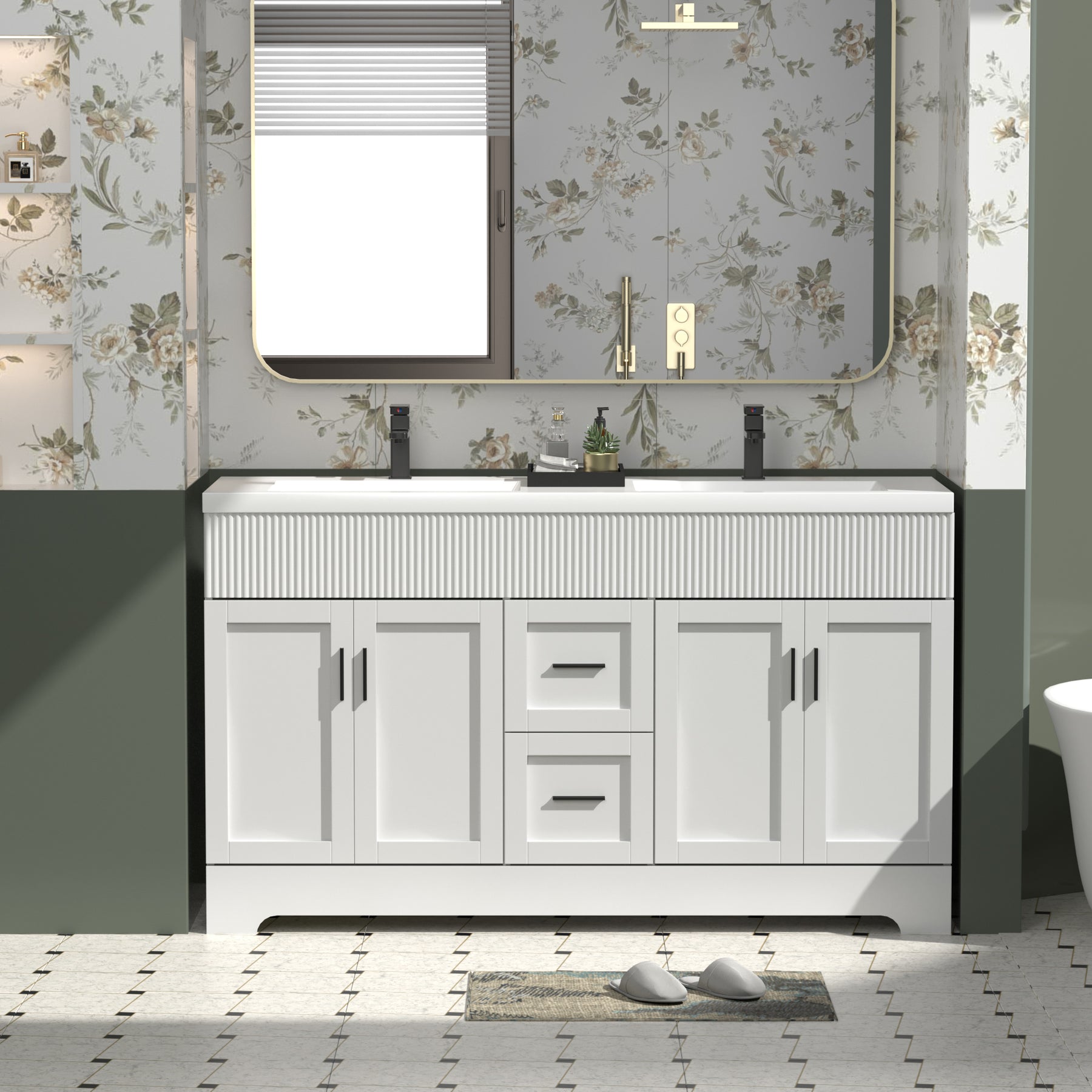 Waterfall 60" Freestanding Double Vanity Cabinets with Decoration Lines