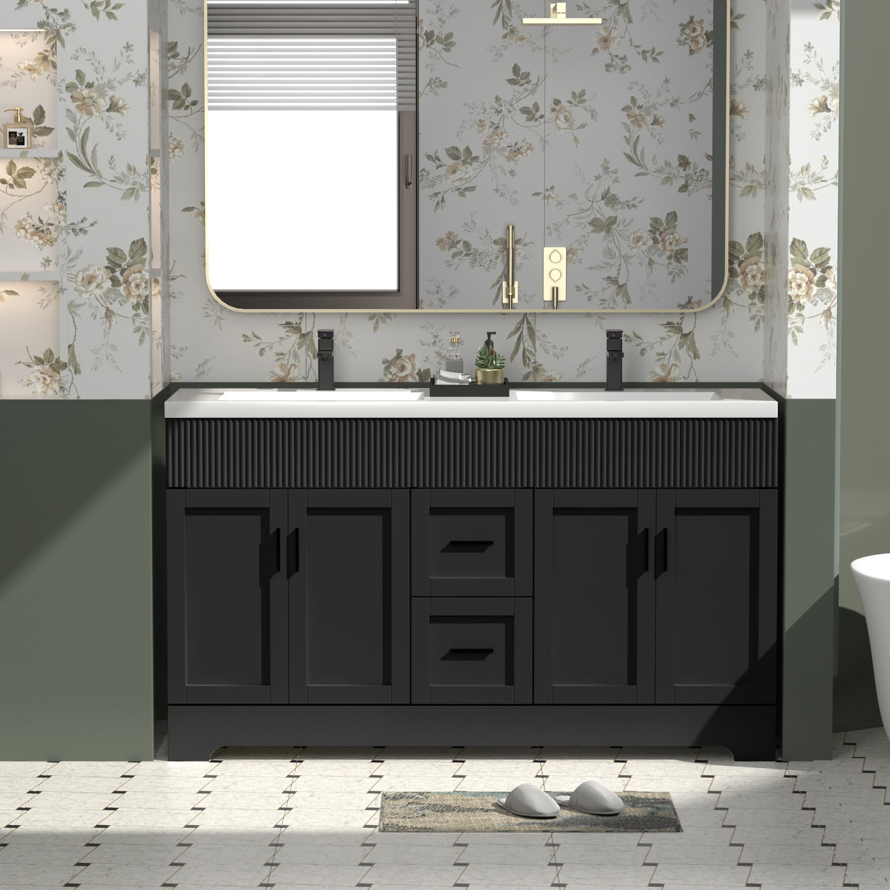 Waterfall 60" Freestanding Double Vanity Cabinets with Decoration Lines