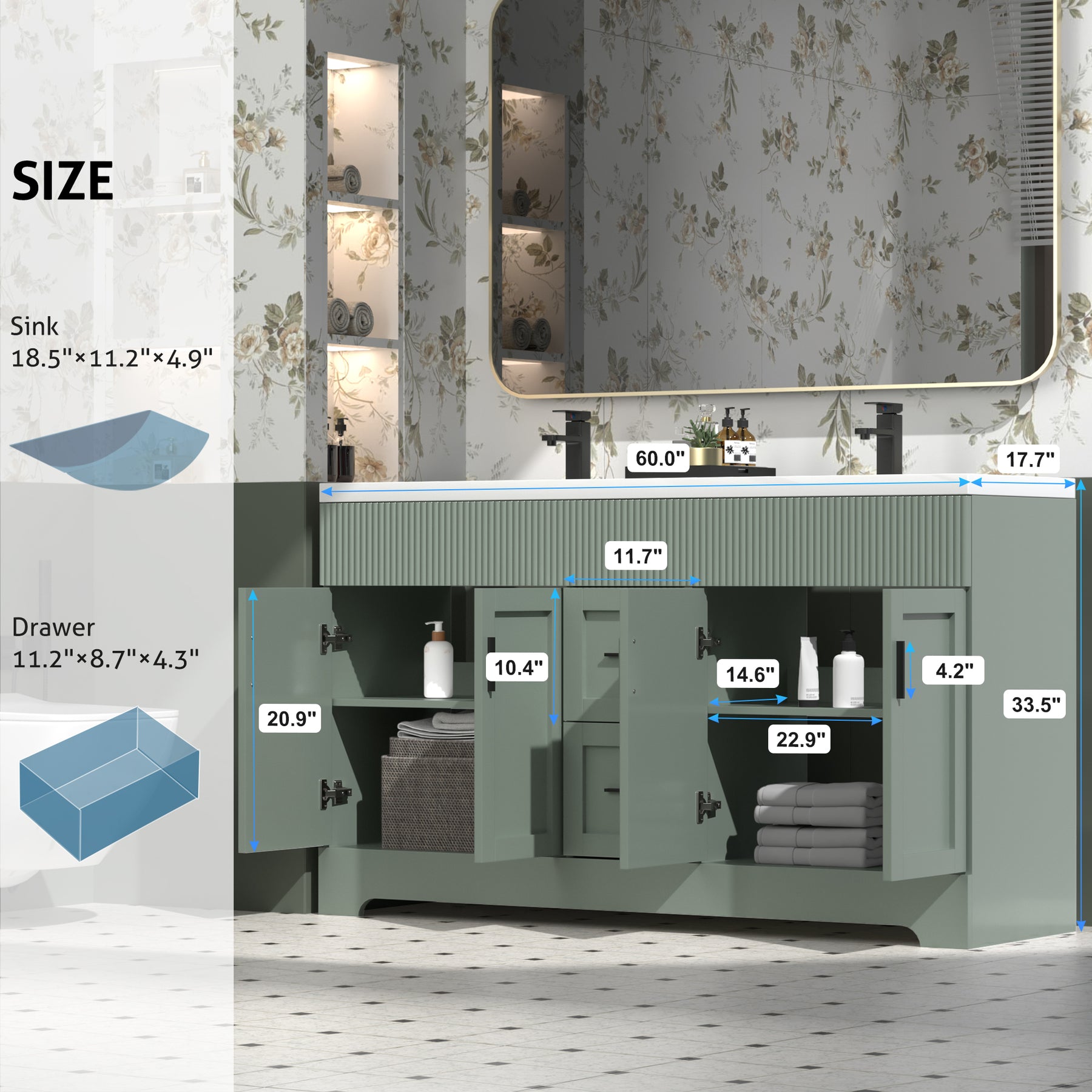 Waterfall 60" Freestanding Double Vanity Cabinets with Decoration Lines