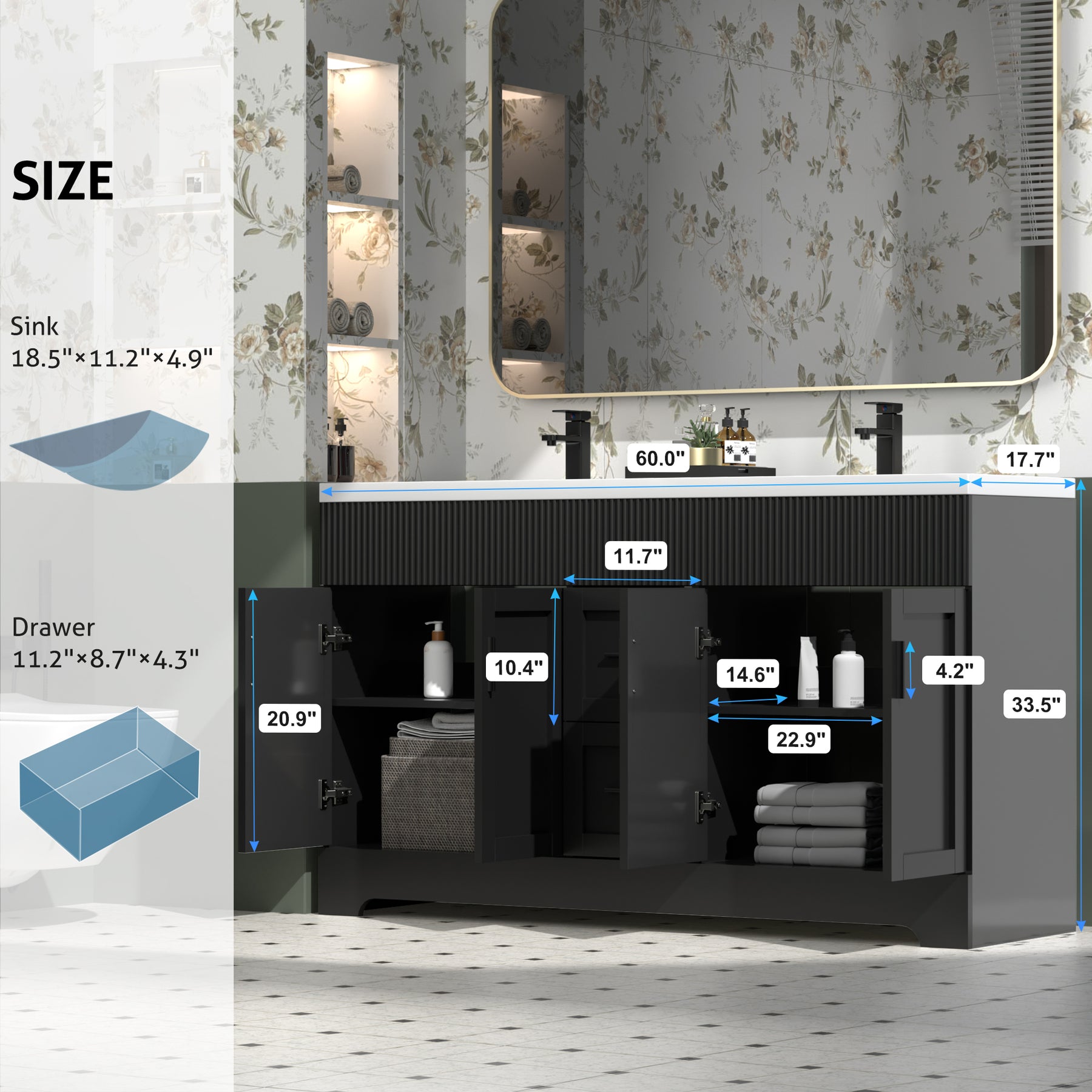 Waterfall 60" Freestanding Double Vanity Cabinets with Decoration Lines