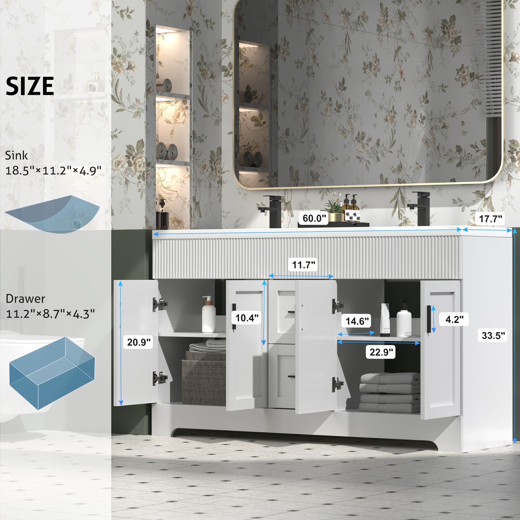 Waterfall 60" Freestanding Double Vanity Cabinets with Decoration Lines