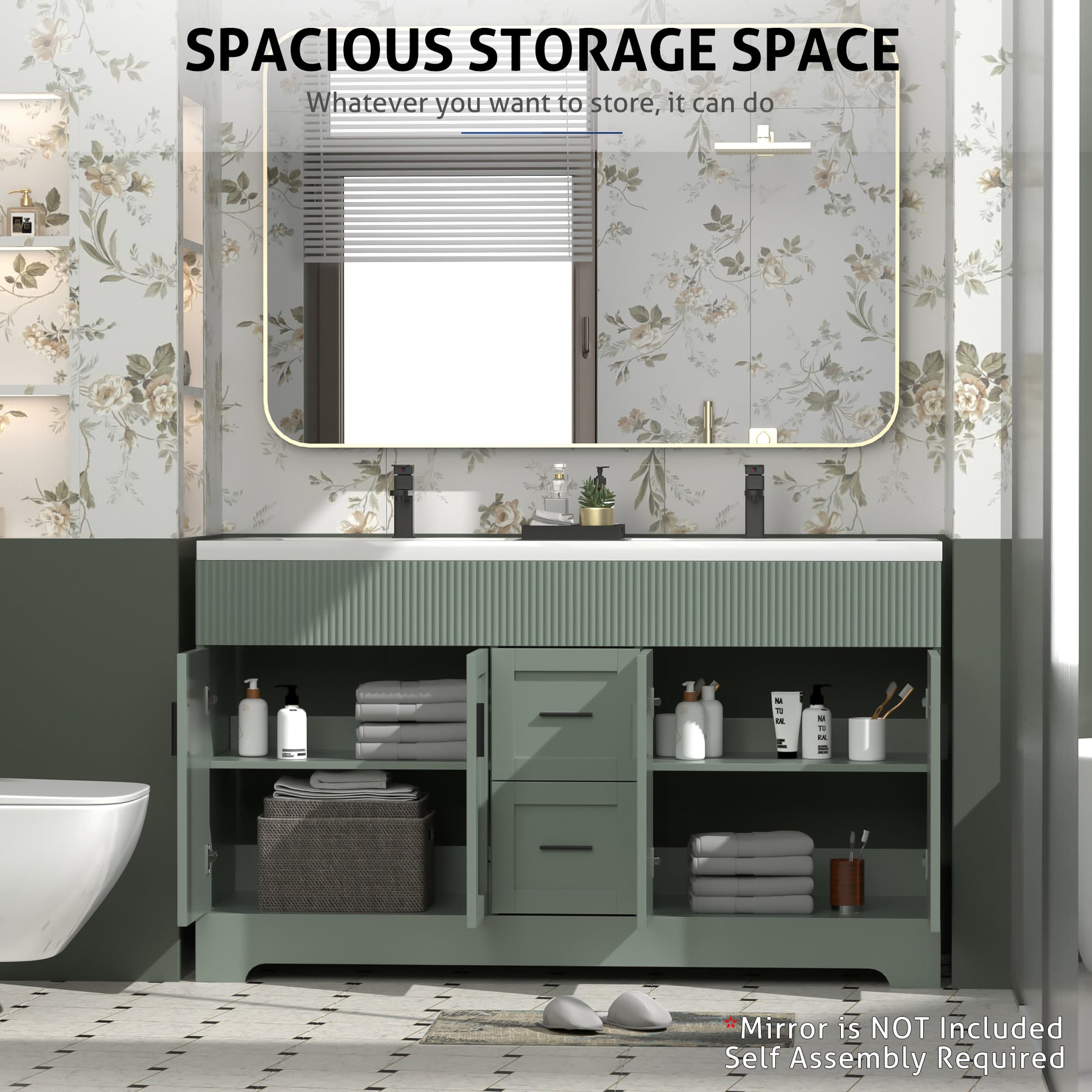 Waterfall 60" Freestanding Double Vanity Cabinets with Decoration Lines