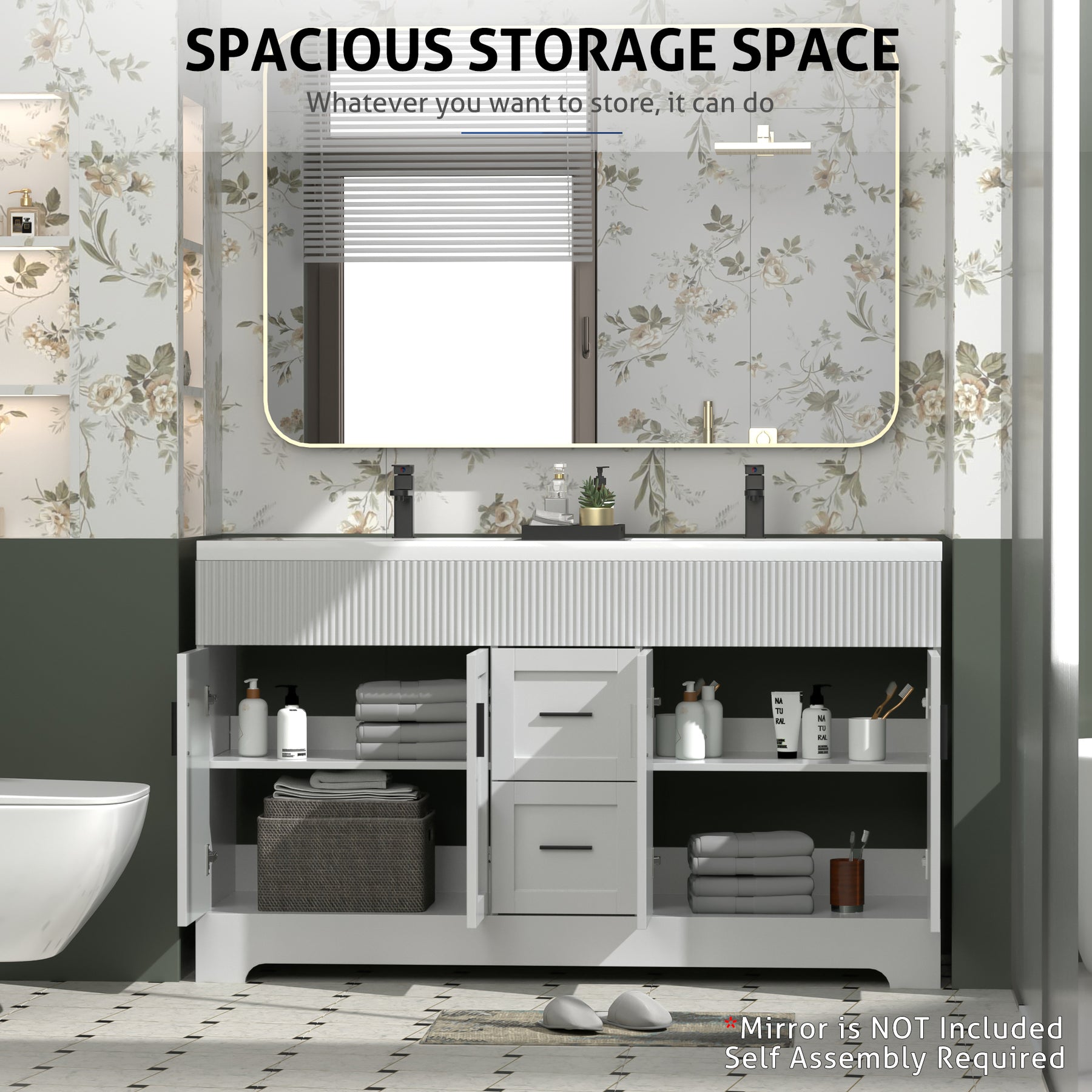 Waterfall 60" Freestanding Double Vanity Cabinets with Decoration Lines