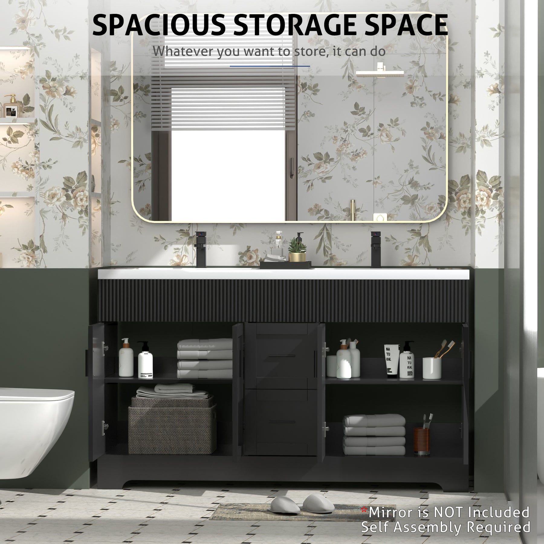 Waterfall 60" Freestanding Double Vanity Cabinets with Decoration Lines