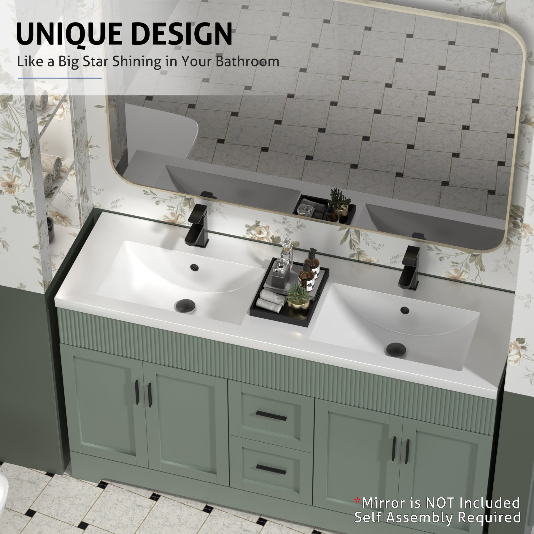 Waterfall 60" Freestanding Double Vanity Cabinets with Decoration Lines