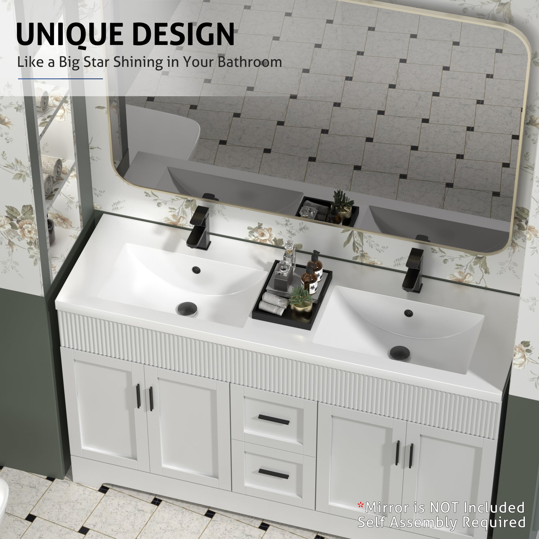 Waterfall 60" Freestanding Double Vanity Cabinets with Decoration Lines