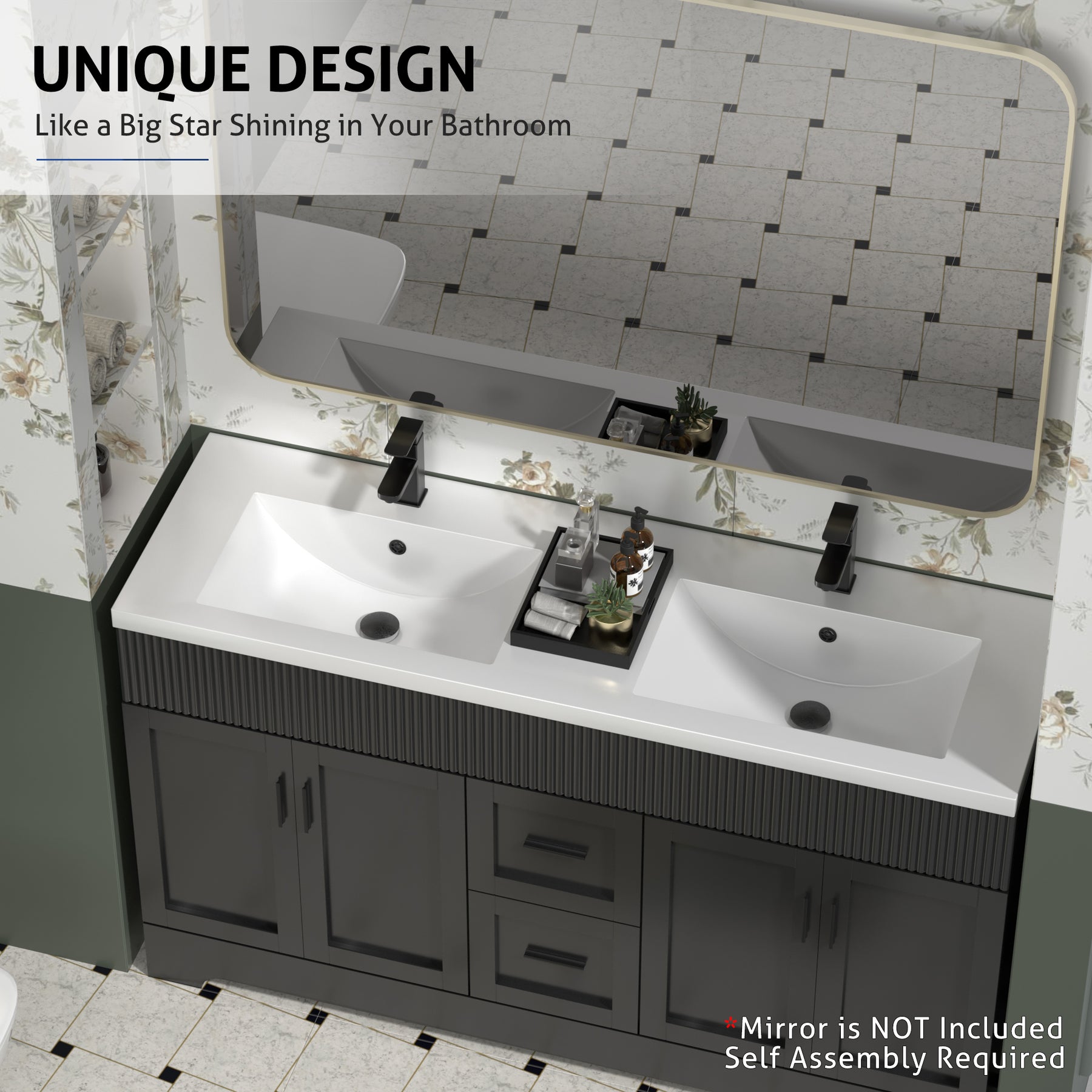 Waterfall 60" Freestanding Double Vanity Cabinets with Decoration Lines