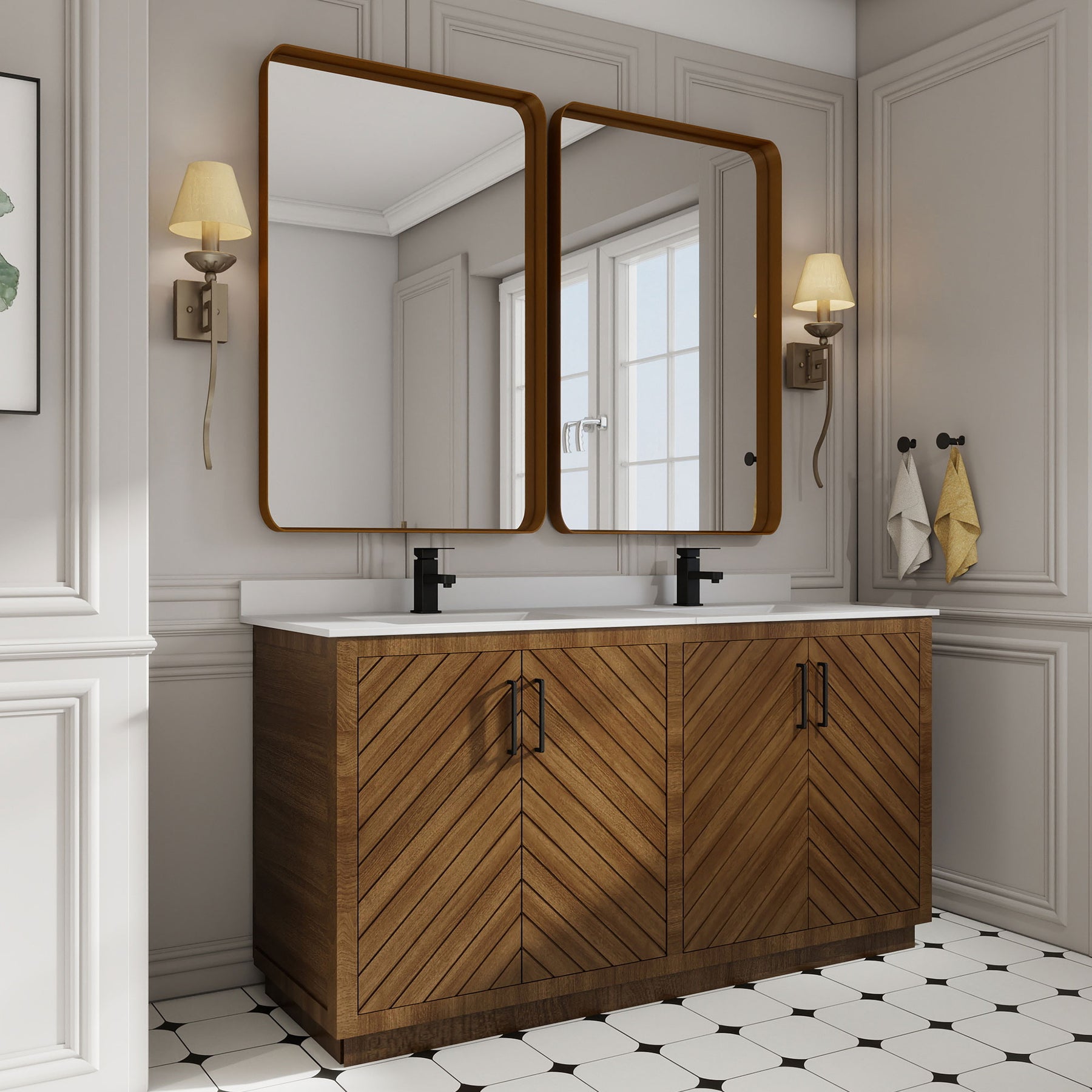 Zoom 60" Freestanding Double Vanity Cabinets with Chevron Pattern