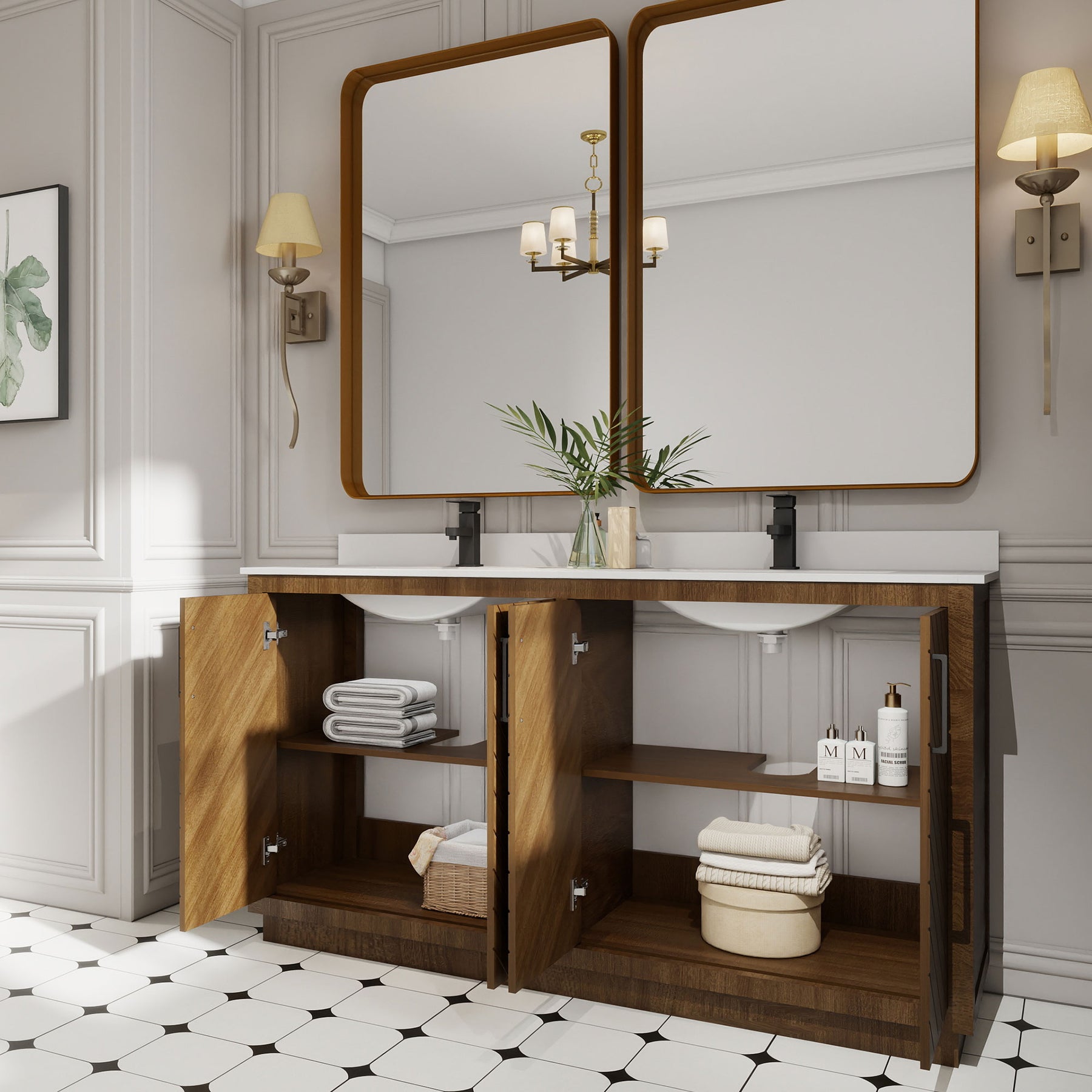 Zoom 60" Freestanding Double Vanity Cabinets with Chevron Pattern