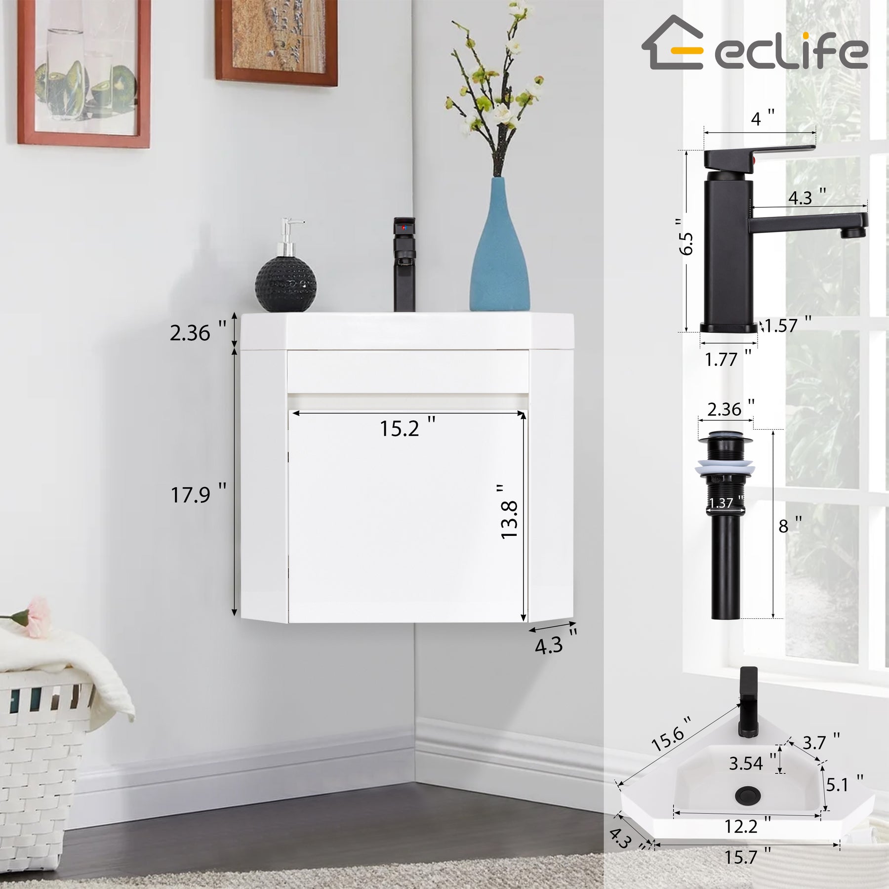 Corner 22" Wall Mounted Single Vanity Cabinet with Small Space Decor
