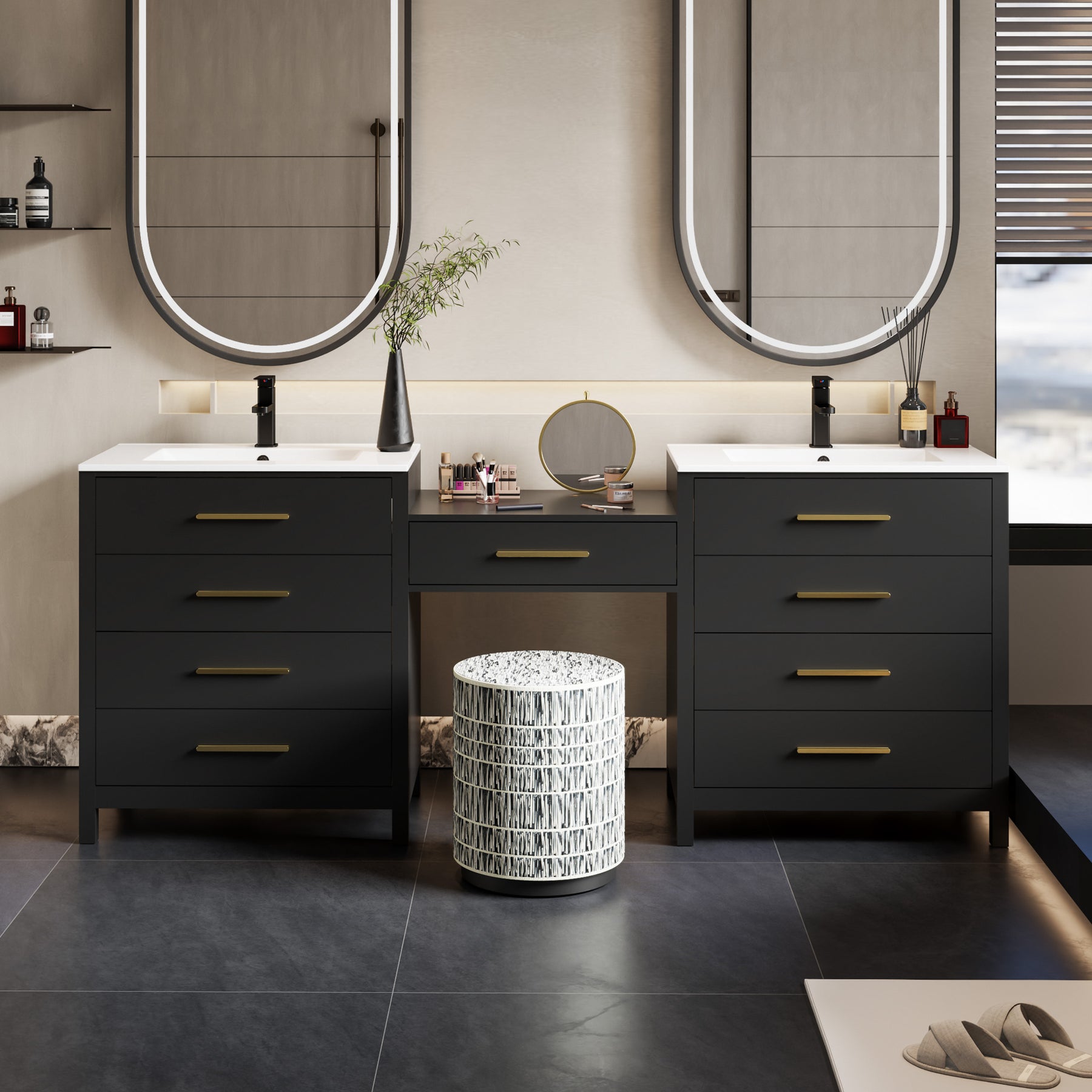 Dualis 84" Freestanding Double Vanity Cabinets with Middle Makeup Desk