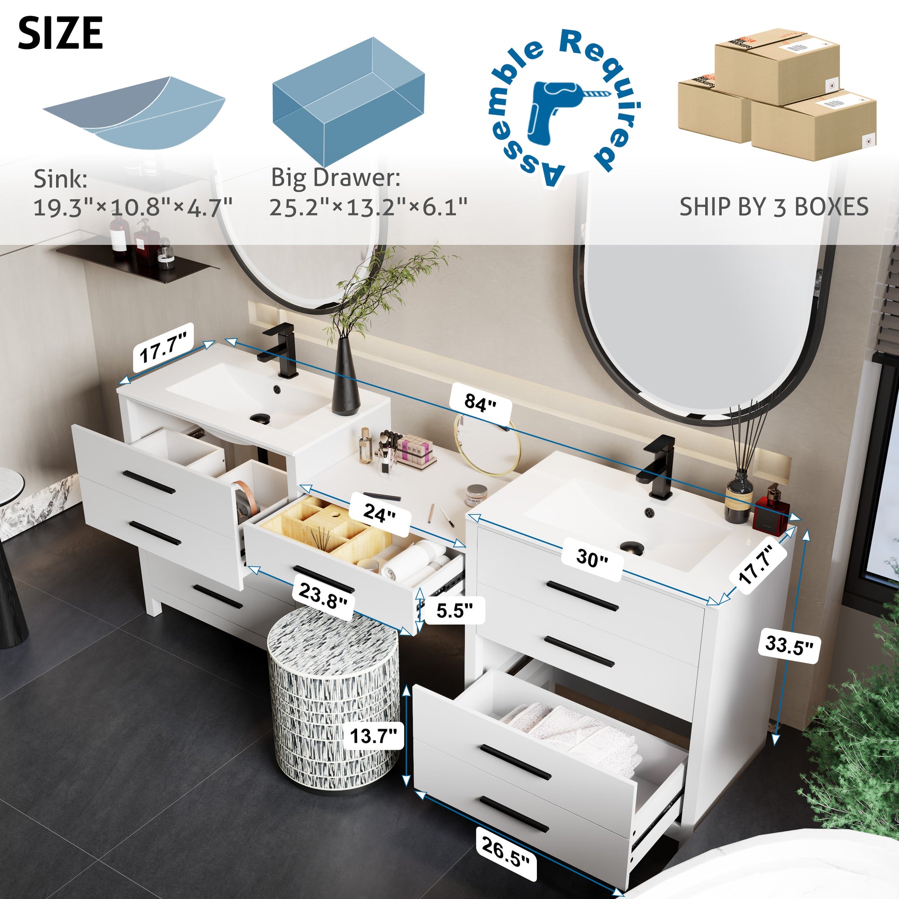 Dualis 84" Freestanding Double Vanity Cabinets with Middle Makeup Desk