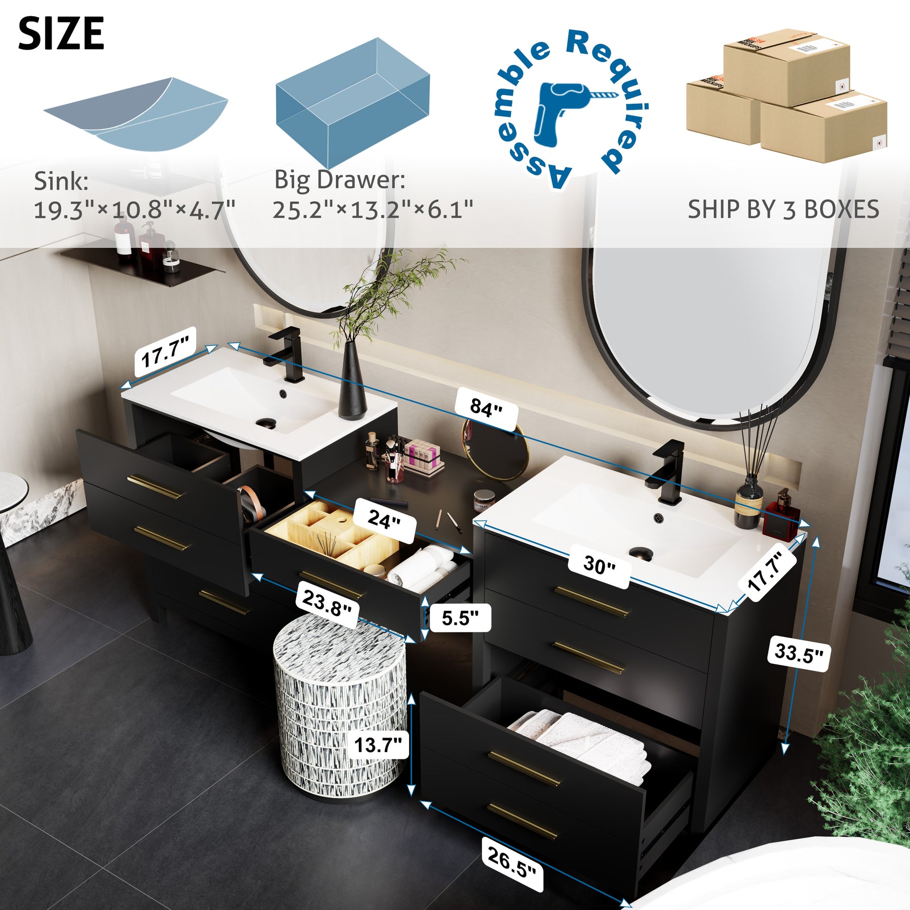 Dualis 84" Freestanding Double Vanity Cabinets with Middle Makeup Desk