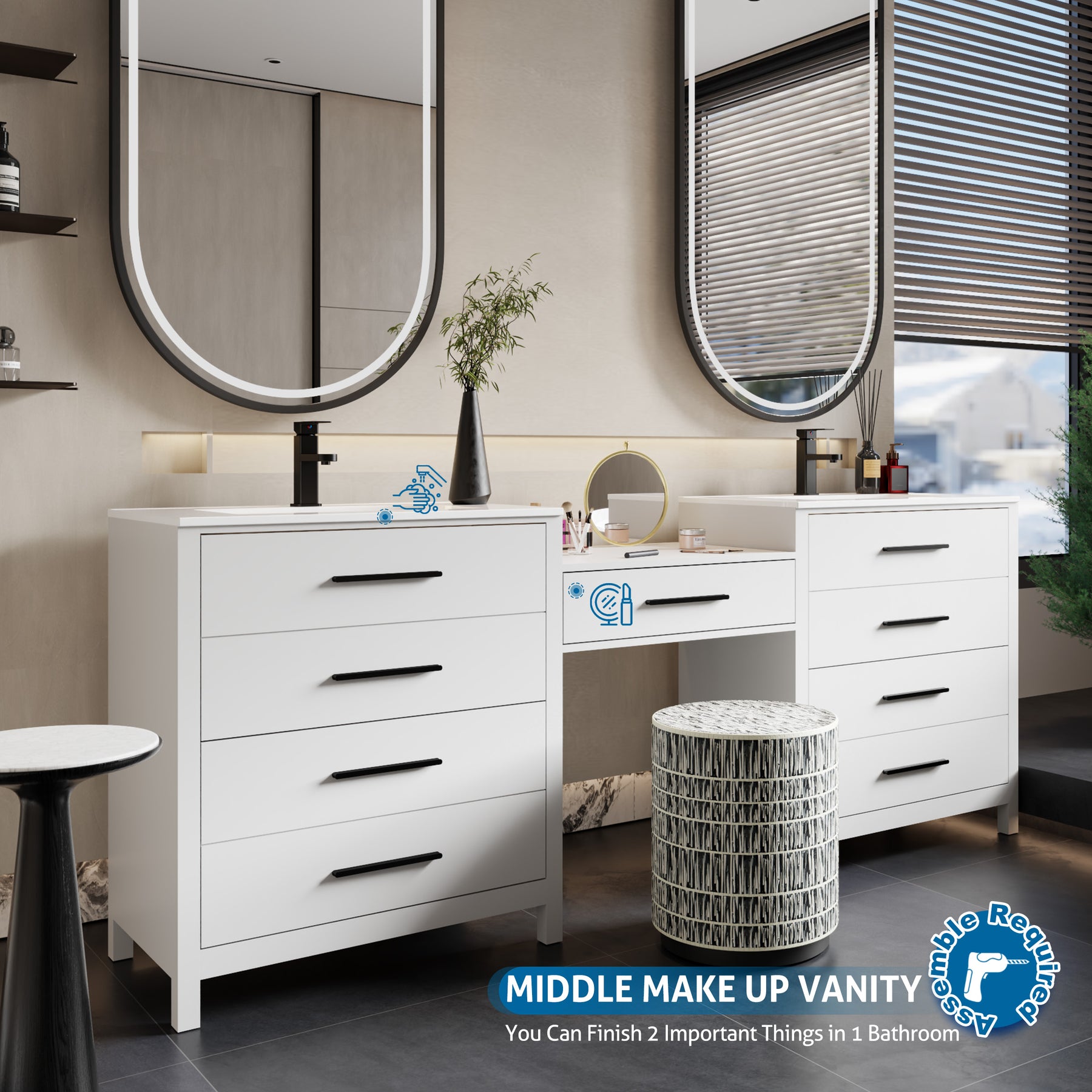 Dualis 84" Freestanding Double Vanity Cabinets with Middle Makeup Desk
