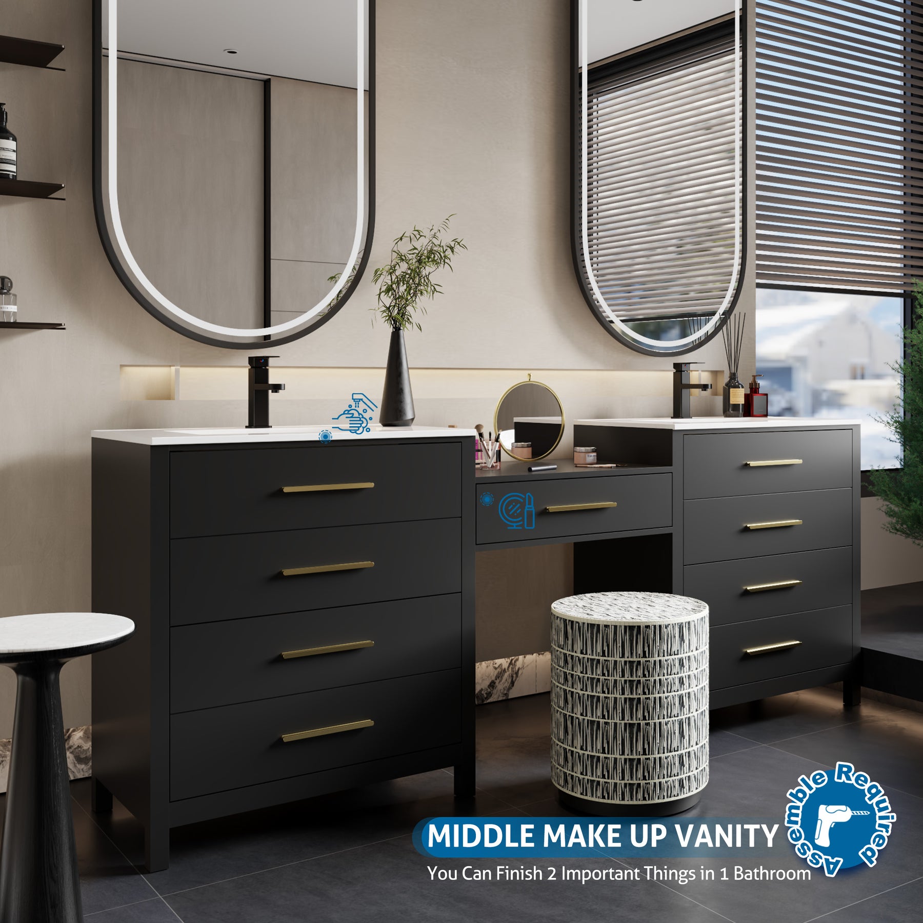 Dualis 84" Freestanding Double Vanity Cabinets with Middle Makeup Desk