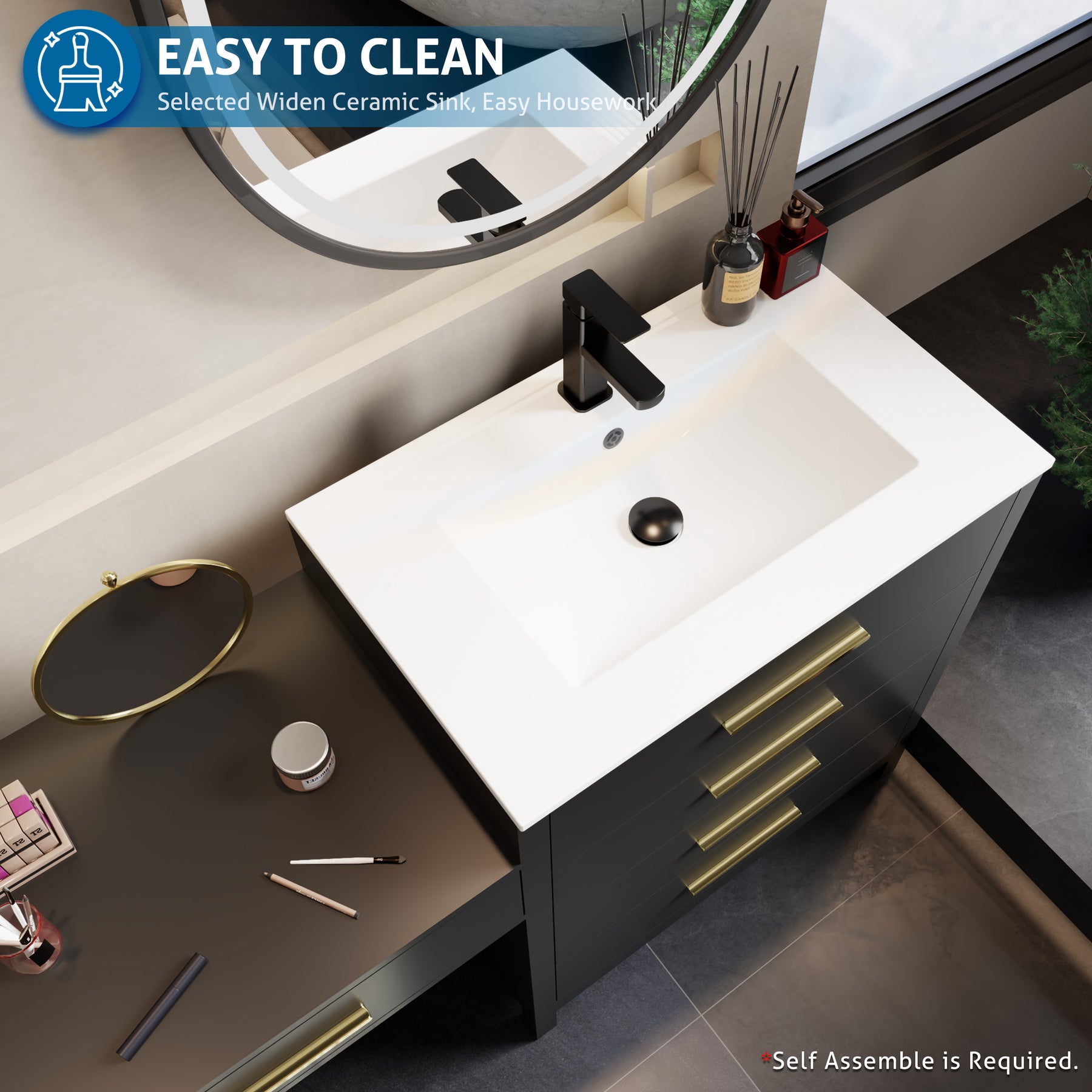 Dualis 84" Freestanding Double Vanity Cabinets with Middle Makeup Desk