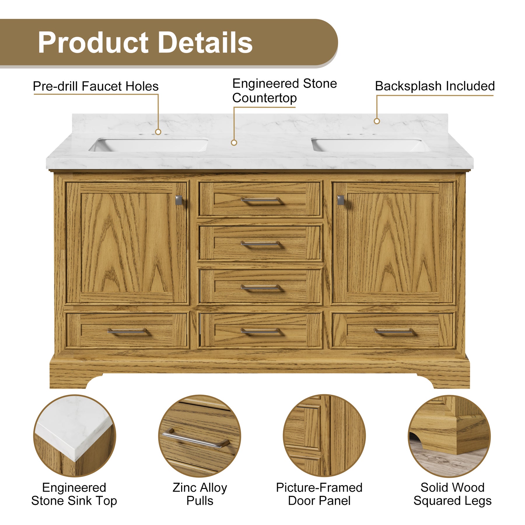 Luxurious 60'' Fully Assembled Bathroom Vanity with Dual Undermount Sink Combo