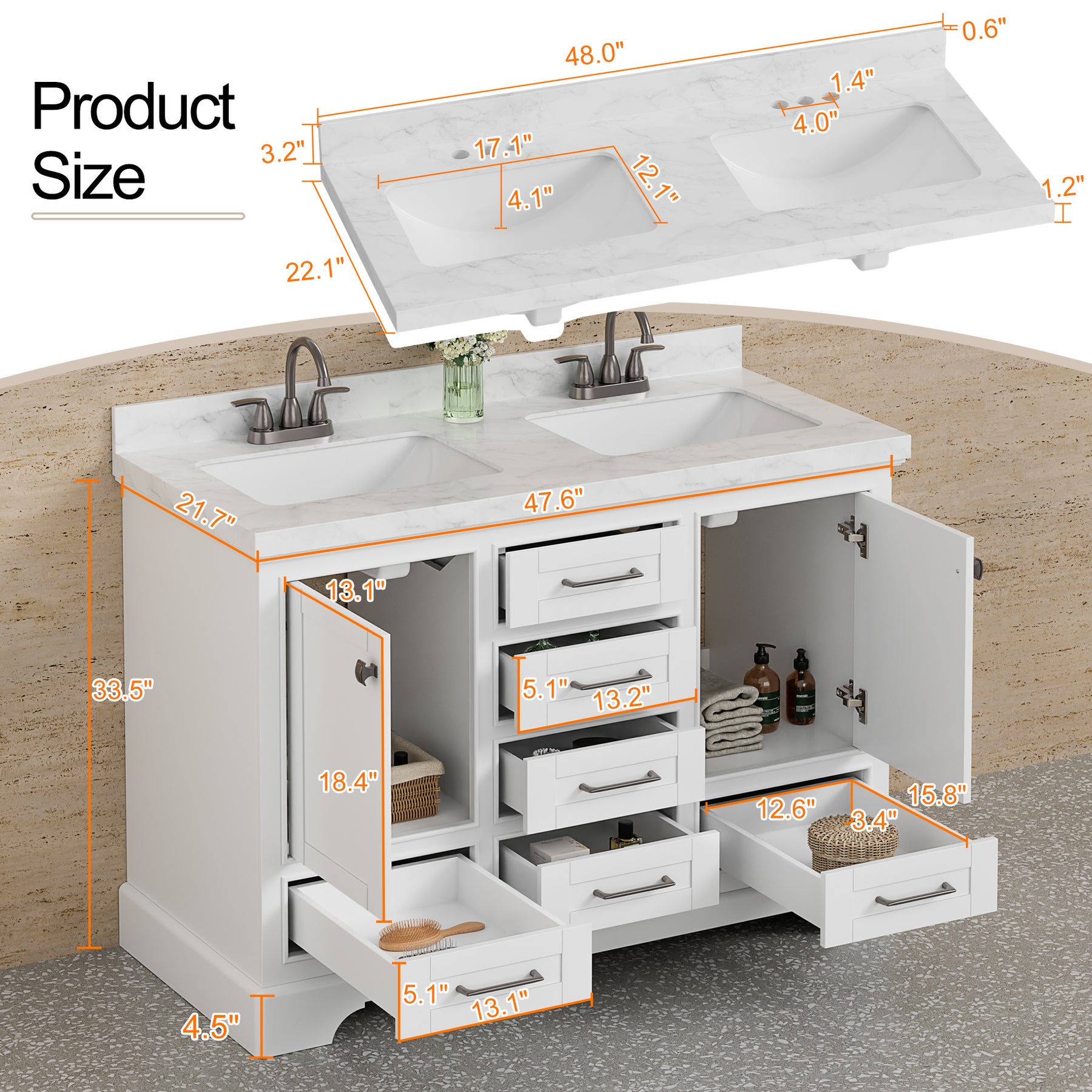 Luxurious 48'' Fully Assembled Bathroom Vanity with Dual Undermount Sink Combo