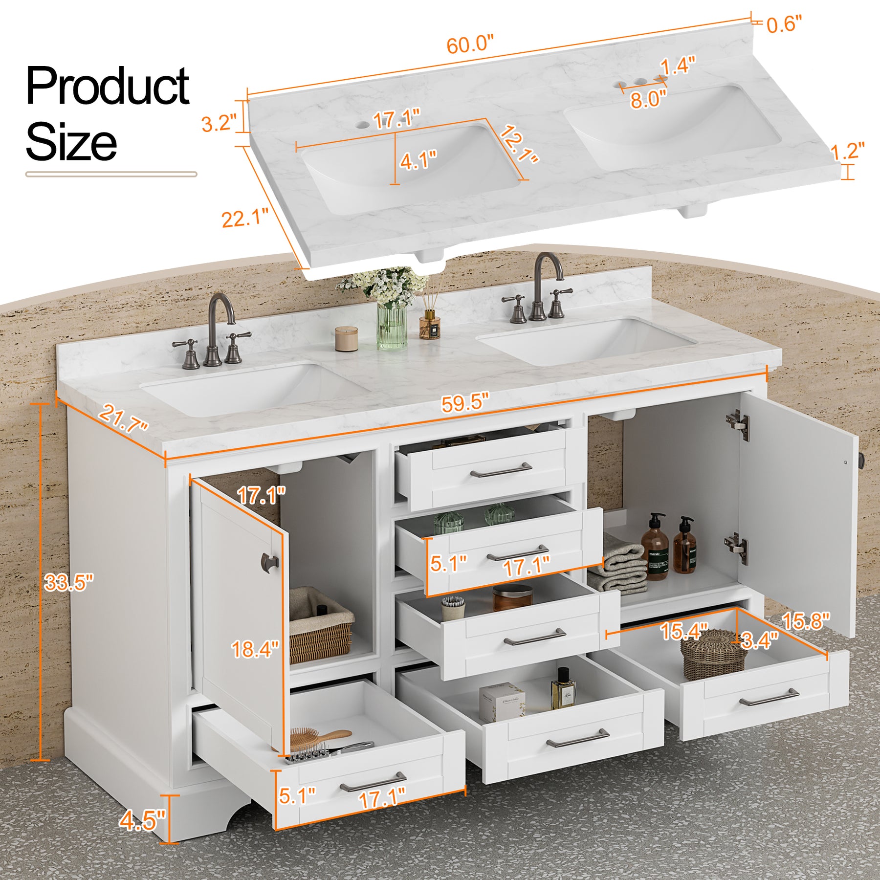 Luxurious 60'' Fully Assembled Bathroom Vanity with Dual Undermount Sink Combo