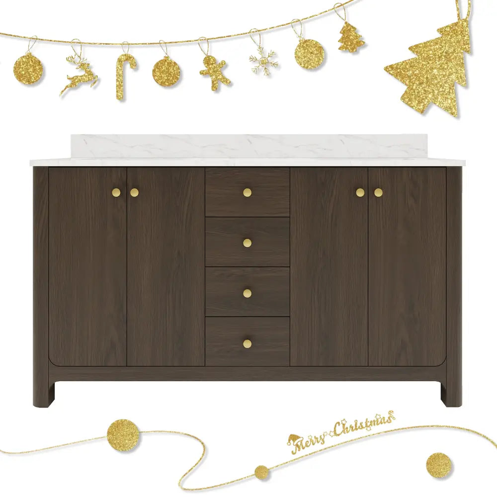 Canyon 60’’ Freestanding Double Vanity Cabinets with Curved Design Dark Oak 浴室柜