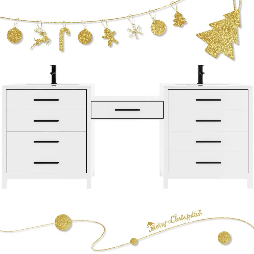 Dualis 84’’ Freestanding Double Vanity Cabinets with Middle Makeup Desk White 浴室柜