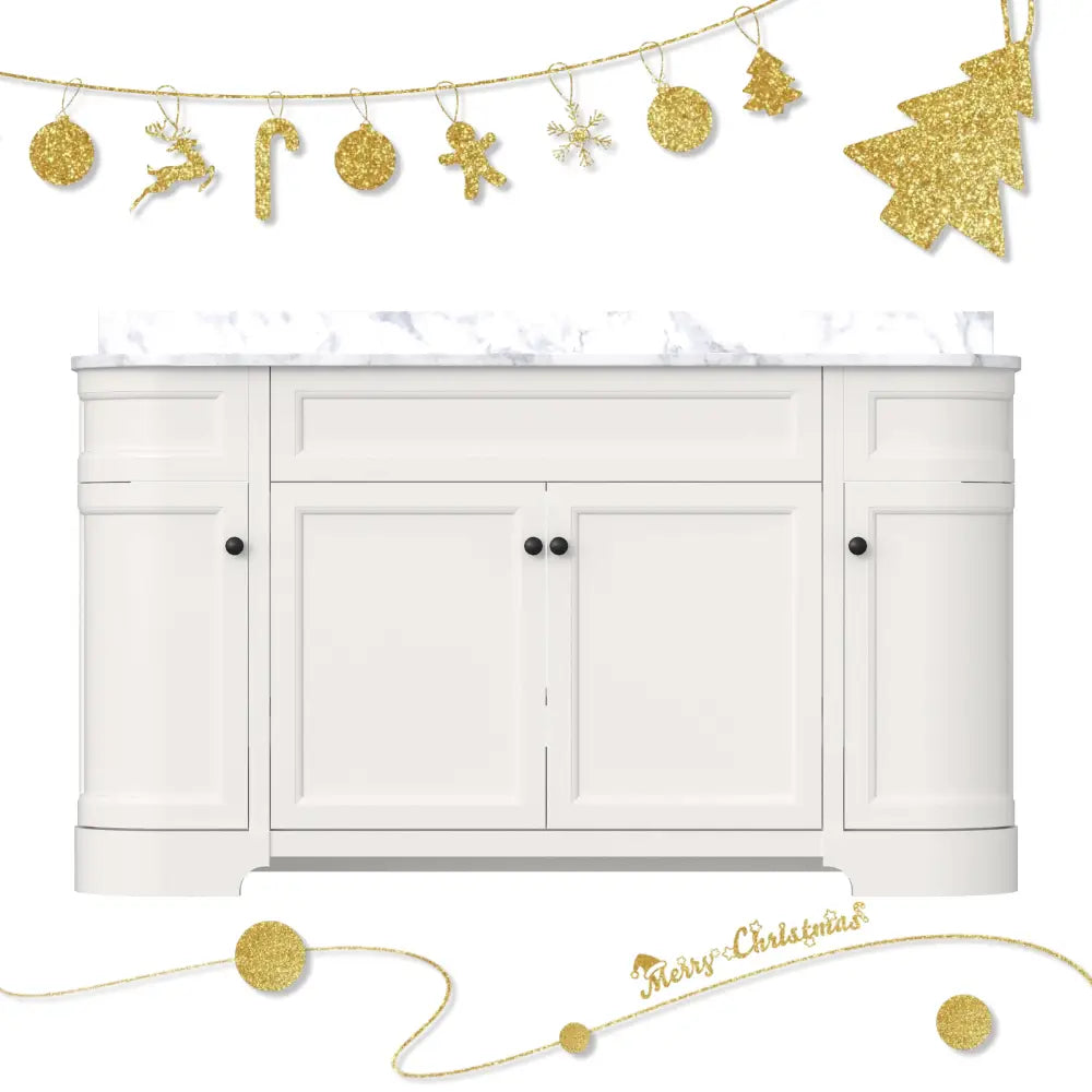 Opuluxe 60’’ Freestanding Double Vanity Cabinets with Curved Design Lvory White 浴室柜