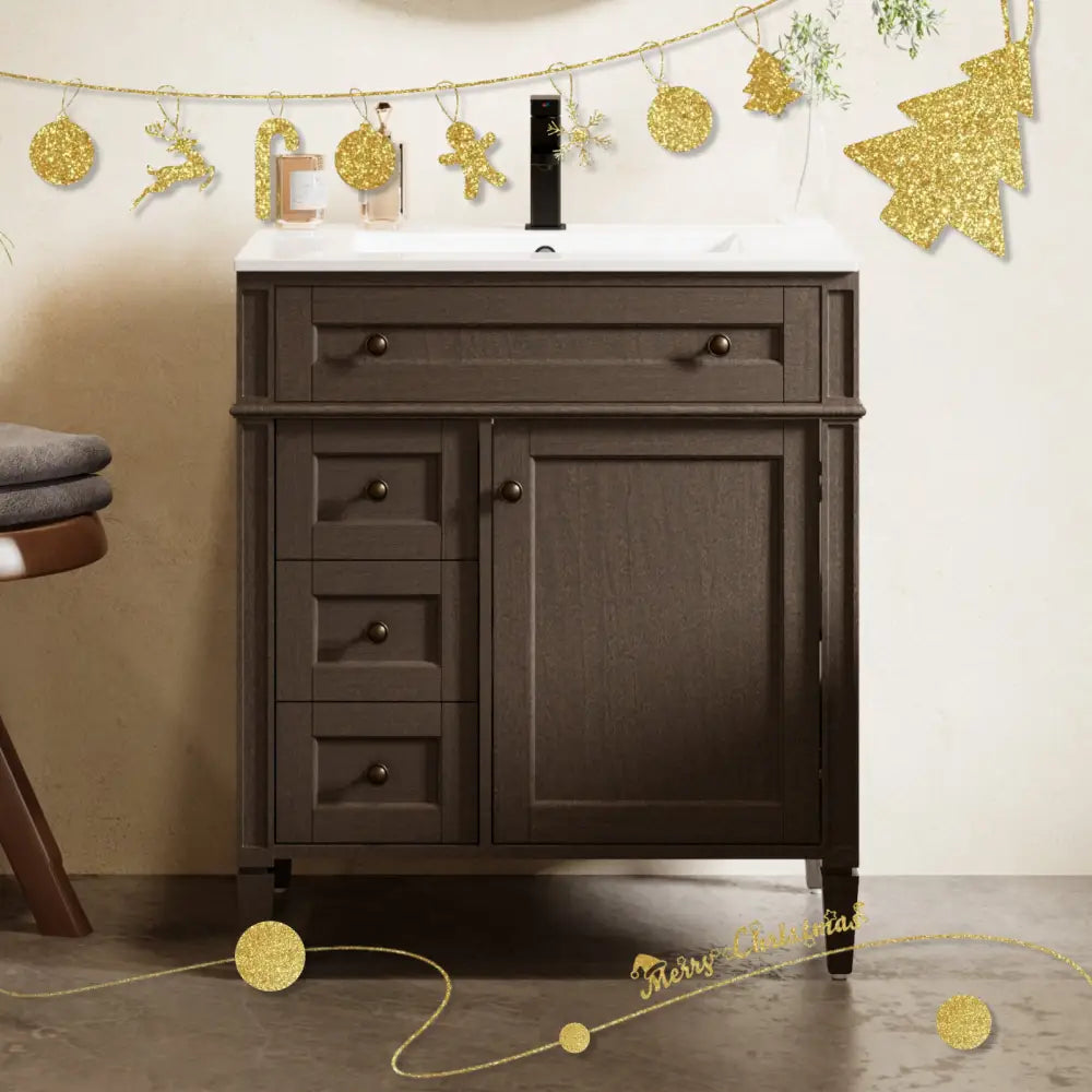 Retro 30’’ Freestanding Single Vanity Cabinets with Square Column Brown 浴室柜