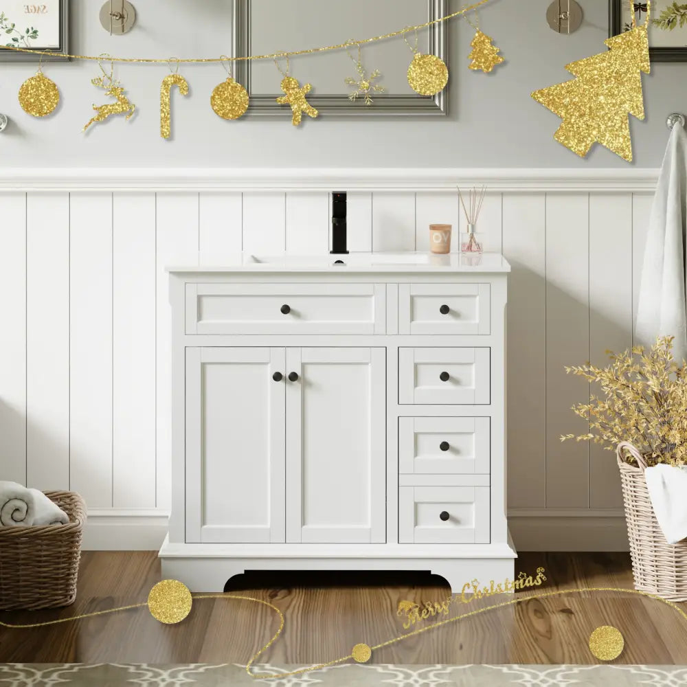 Retro 36’’ Freestanding Single Vanity Cabinets with Arch Feet White 浴室柜